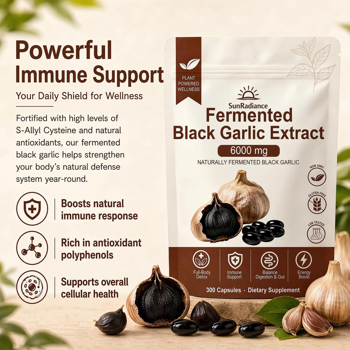 Sun Radiance Black Garlic Extract Aged Garlic Supplement Softgels, 300