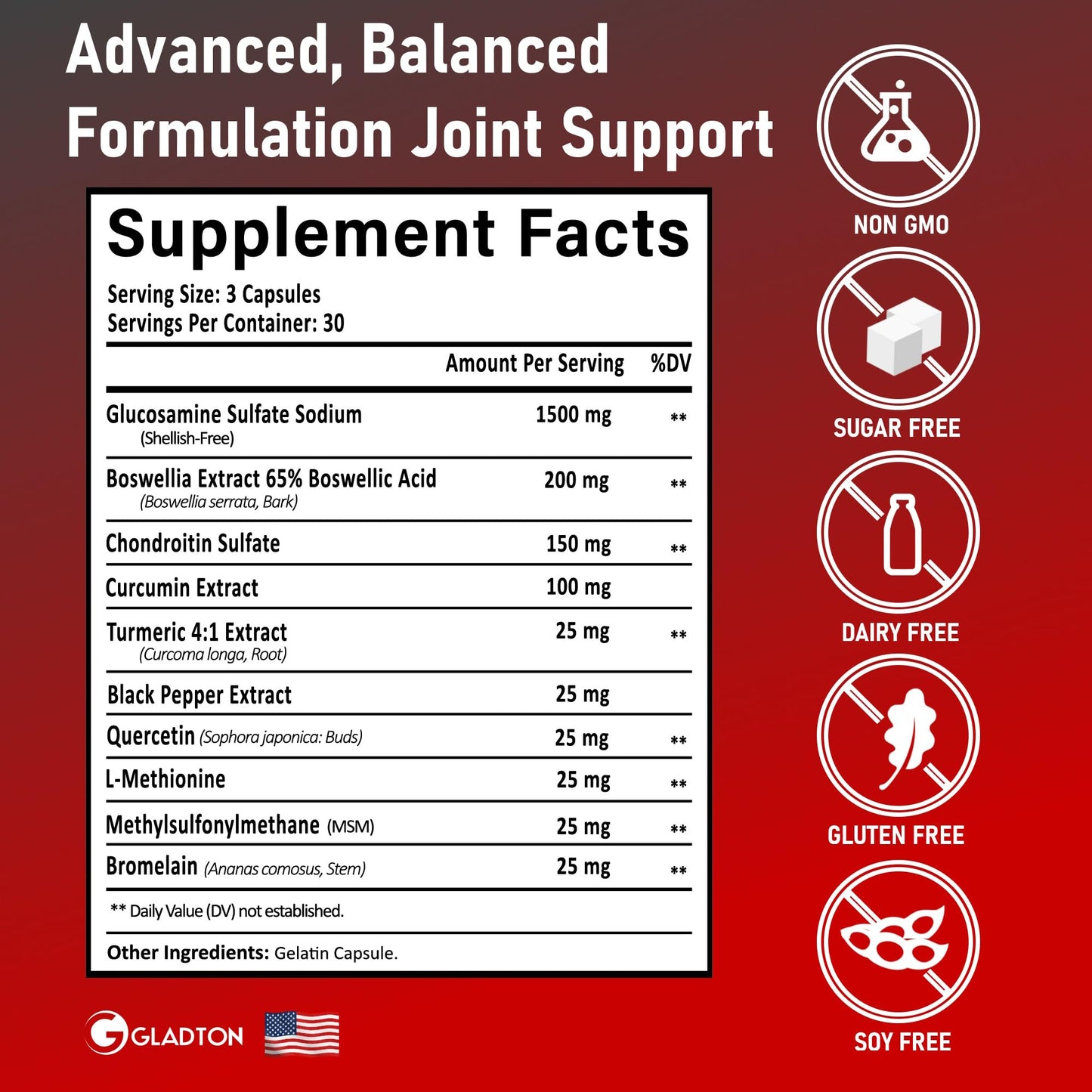 GLADTON Glucosamine Chondroitin MSM Curcumin Turmeric Boswellia Joint Support Capsules 90