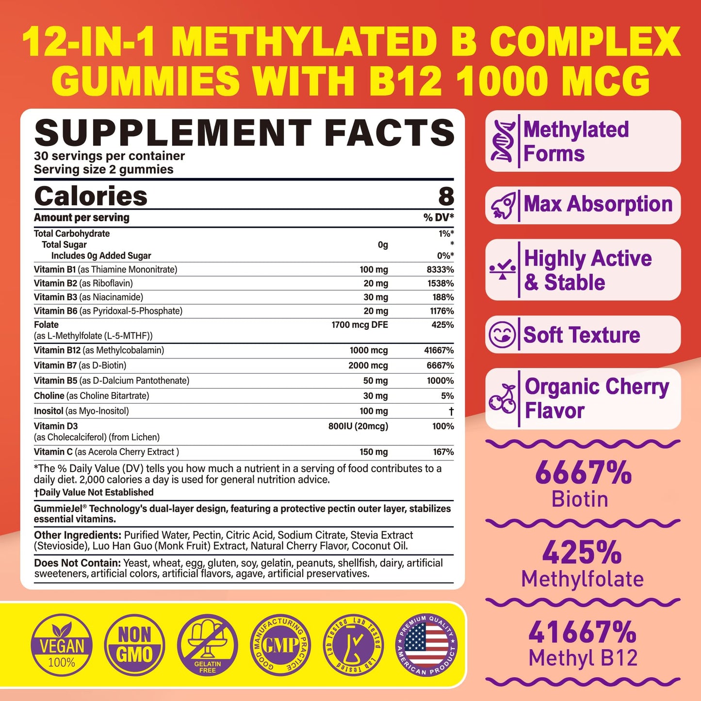 LILICARE Methylated B Complex Vitamin Gummies, Sugar Free, 60 Count