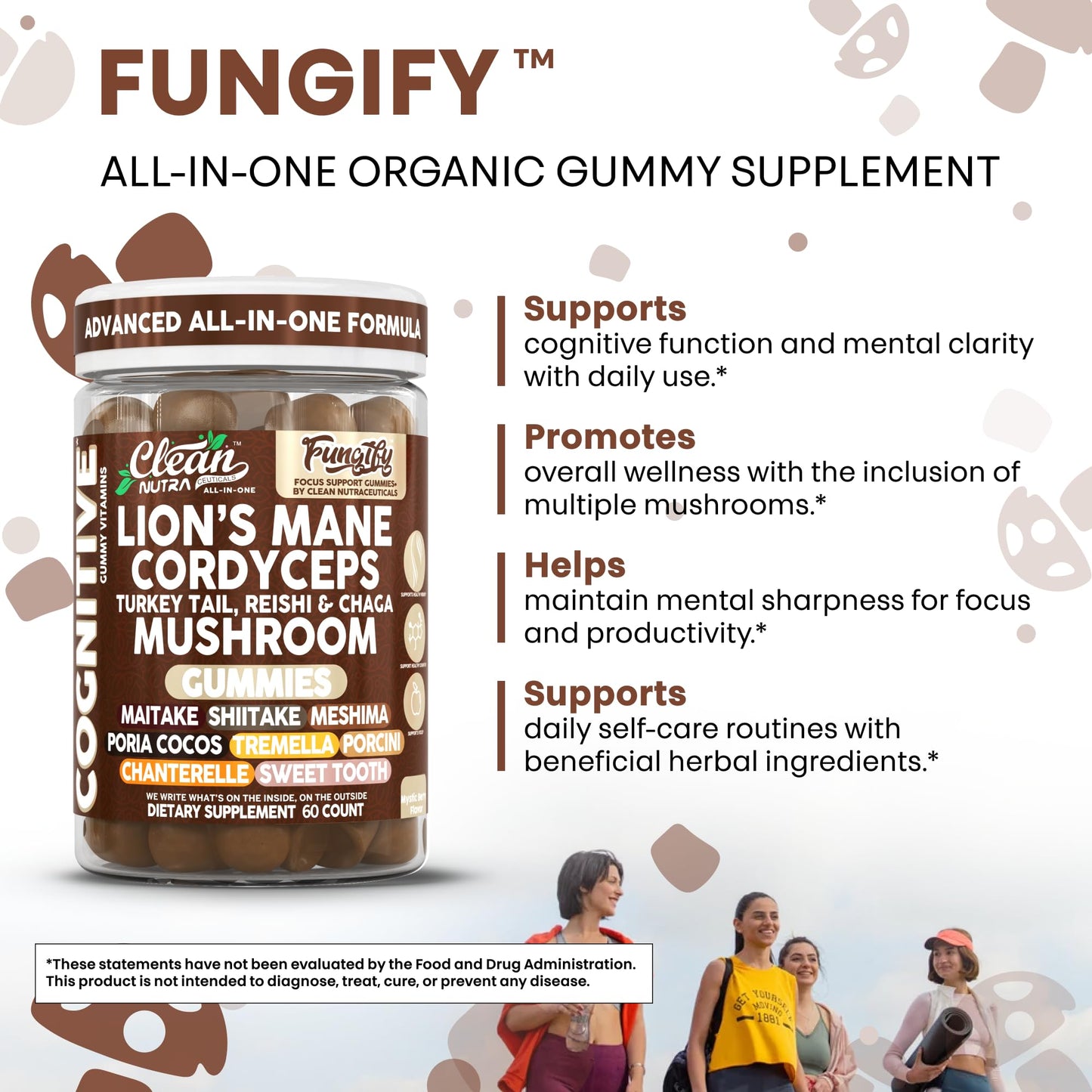Clean Nutraceuticals Lions Mane Mushroom Gummies with Cordyceps for Memory and Focus Immune Support, 60 Count