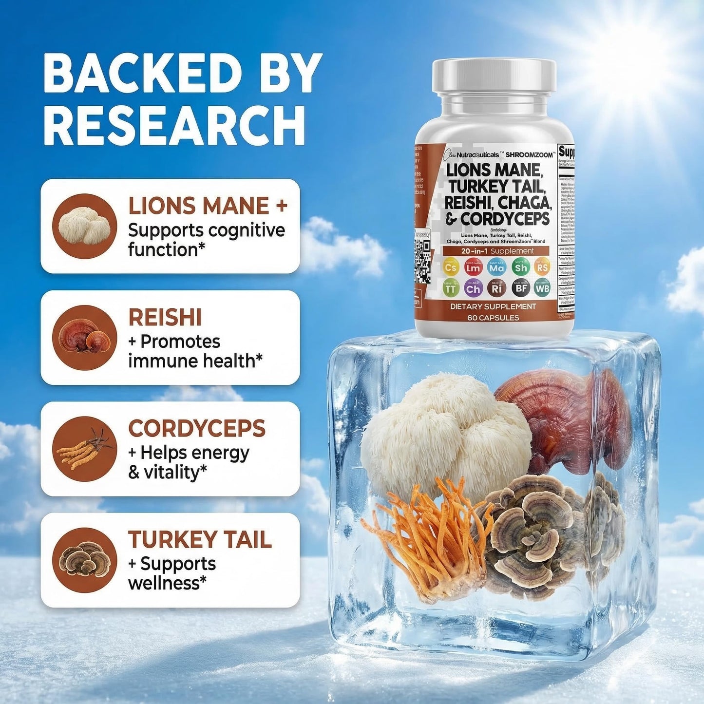 Clean Nutraceuticals Lions Mane 20in1 Mushroom Supplement with Turkey Tail Reishi Cordyceps Chaga Maitake Meshima Poria Cocos Shiitake Oyster Porcini Enoki Capsules, 60 Count