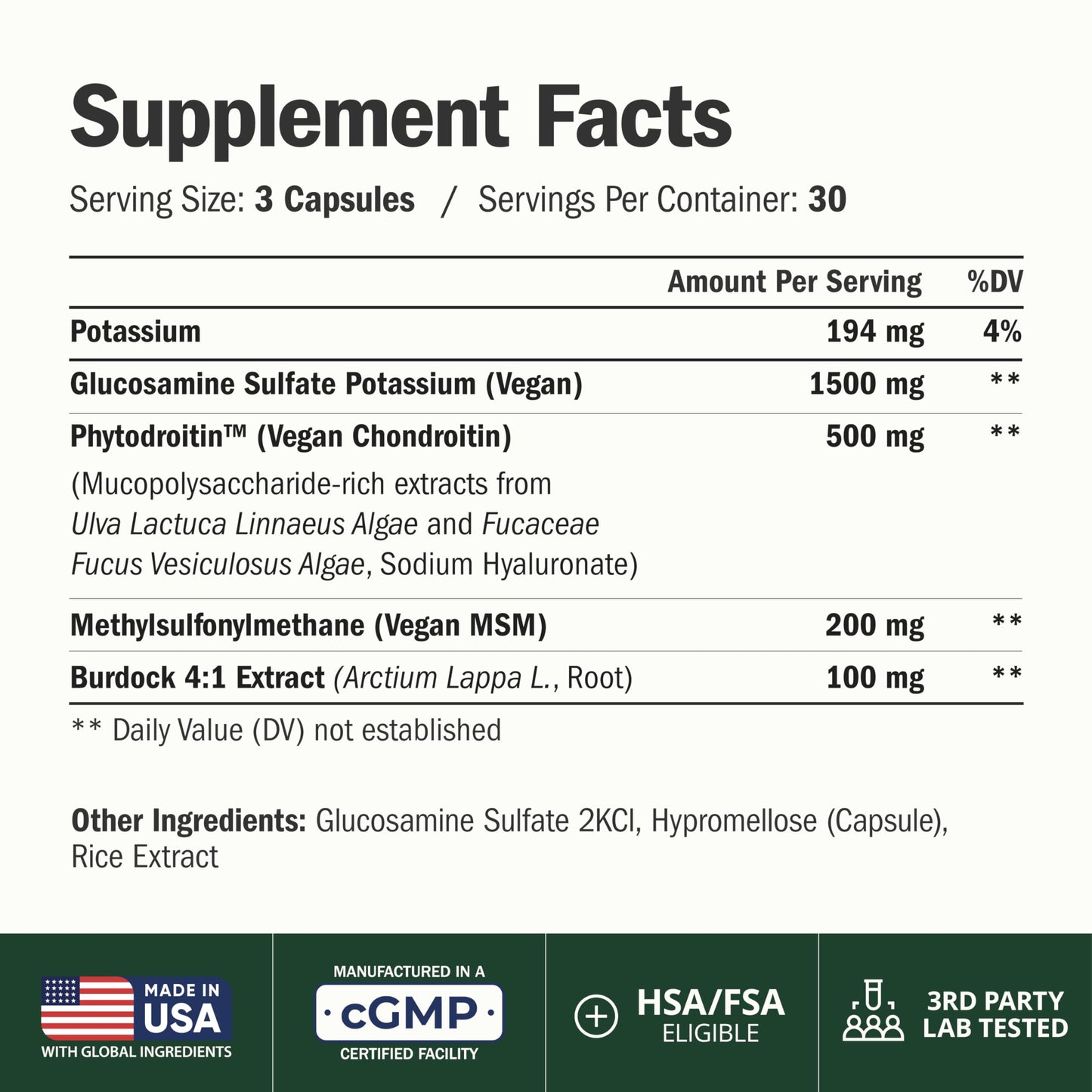 Vimerson Health Vegan Glucosamine Chondroitin MSM Joint Health Supplement with Glucosamine Sulfate 1500 mg Capsules, 90 Count