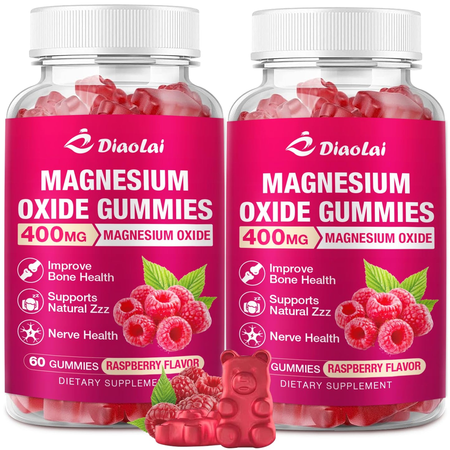 DIAOLAI Magnesium Oxide Gummies 400mg for Nerve & Muscle Support, Chewable Raspberry Flavor, Sugar-Free, Non-GMO, 120 Count