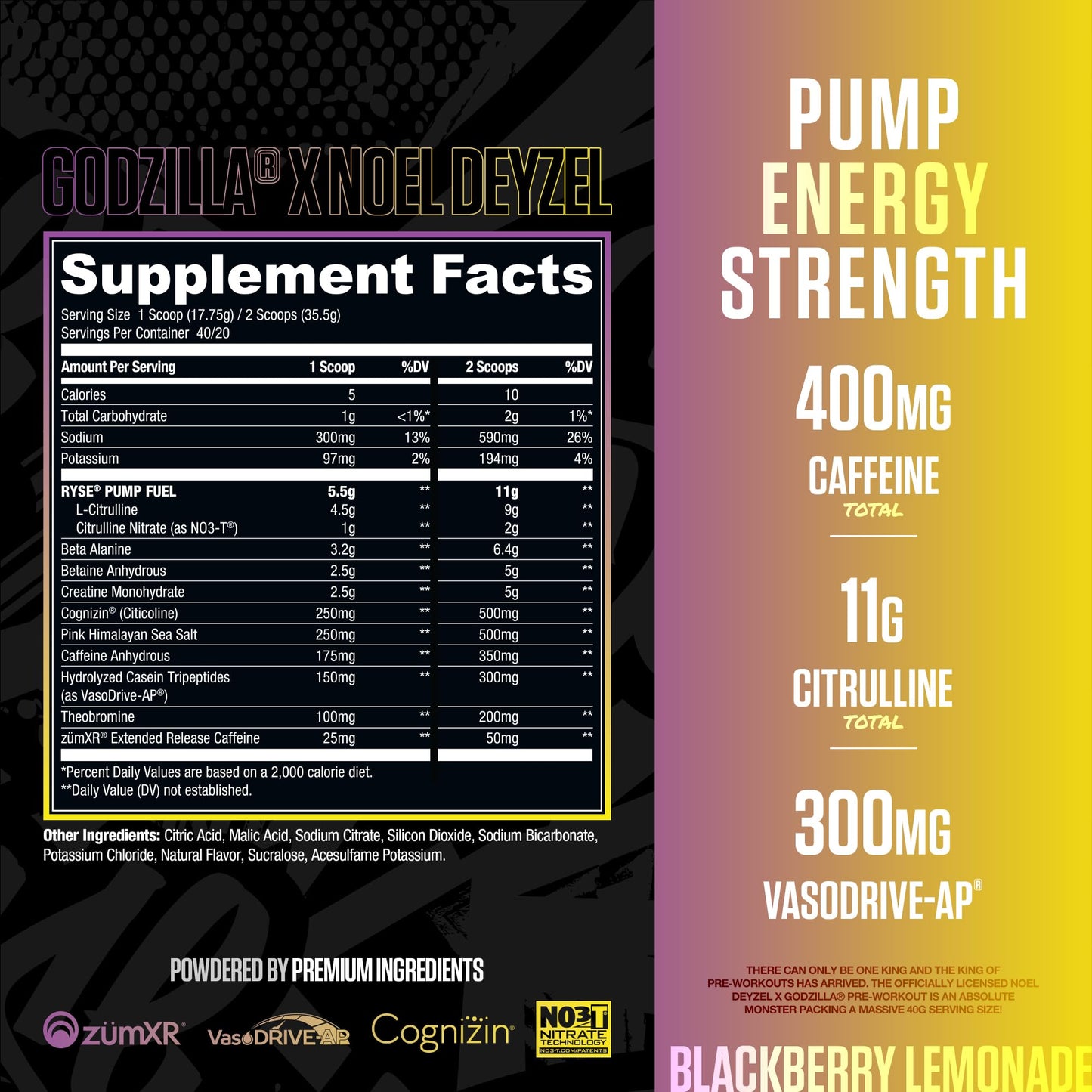 RYSE Up Supplements Godzilla X Noel Deyzel Pre Workout Powder, 25 Servings