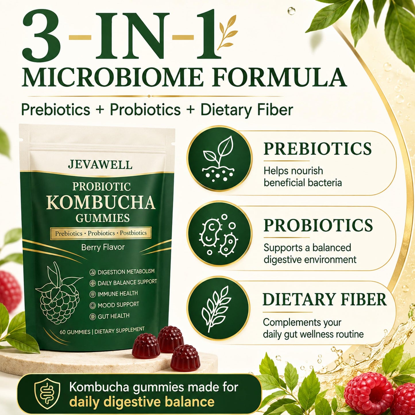 YANJIAYI Jevawell Kombucha Gummies, 60 Gummies