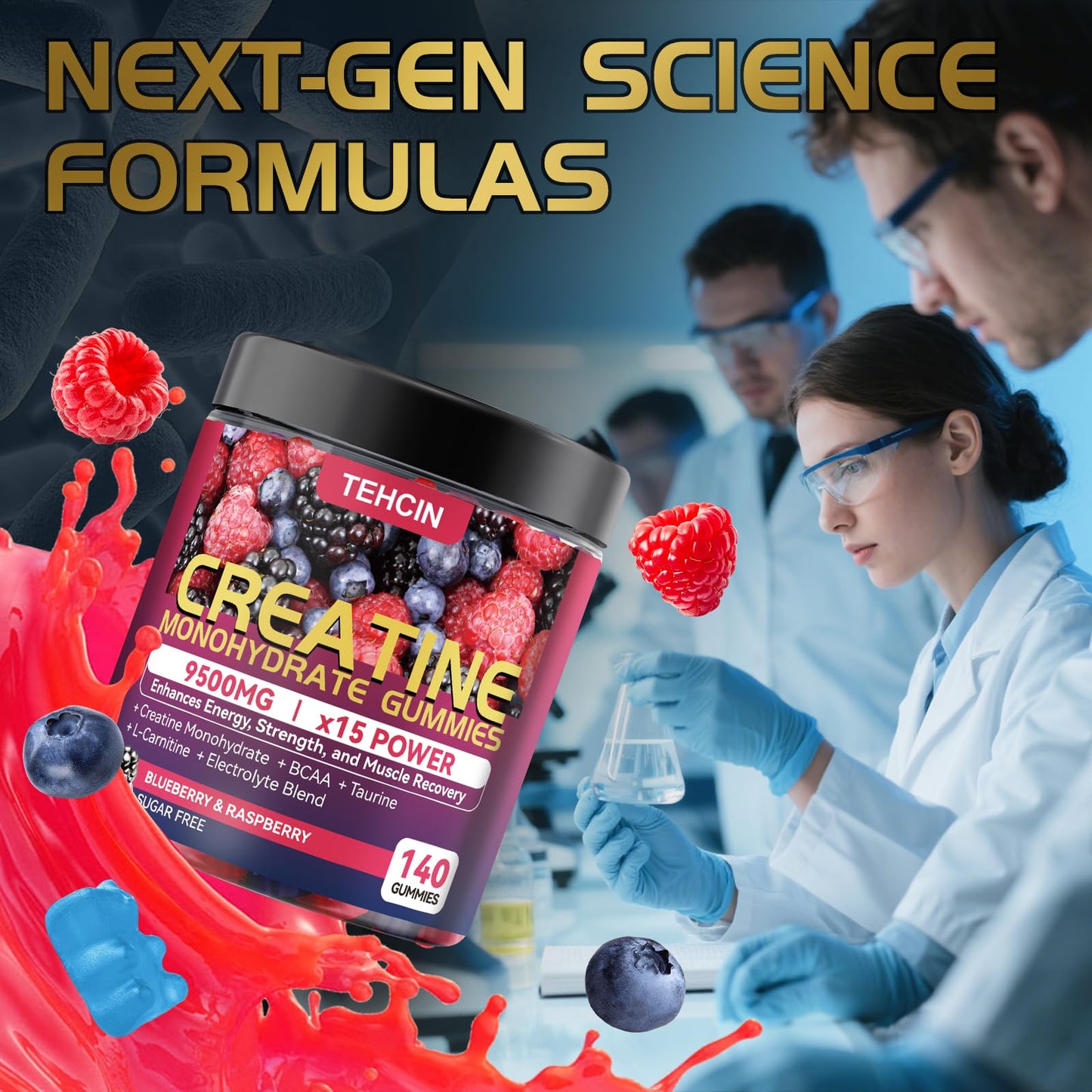 TEHCIN Creatine Monohydrate Gummies Complex 9500mg for Men & Women, with Electrolyte Blend & L-Taurine, Sugar Free, 140 Count