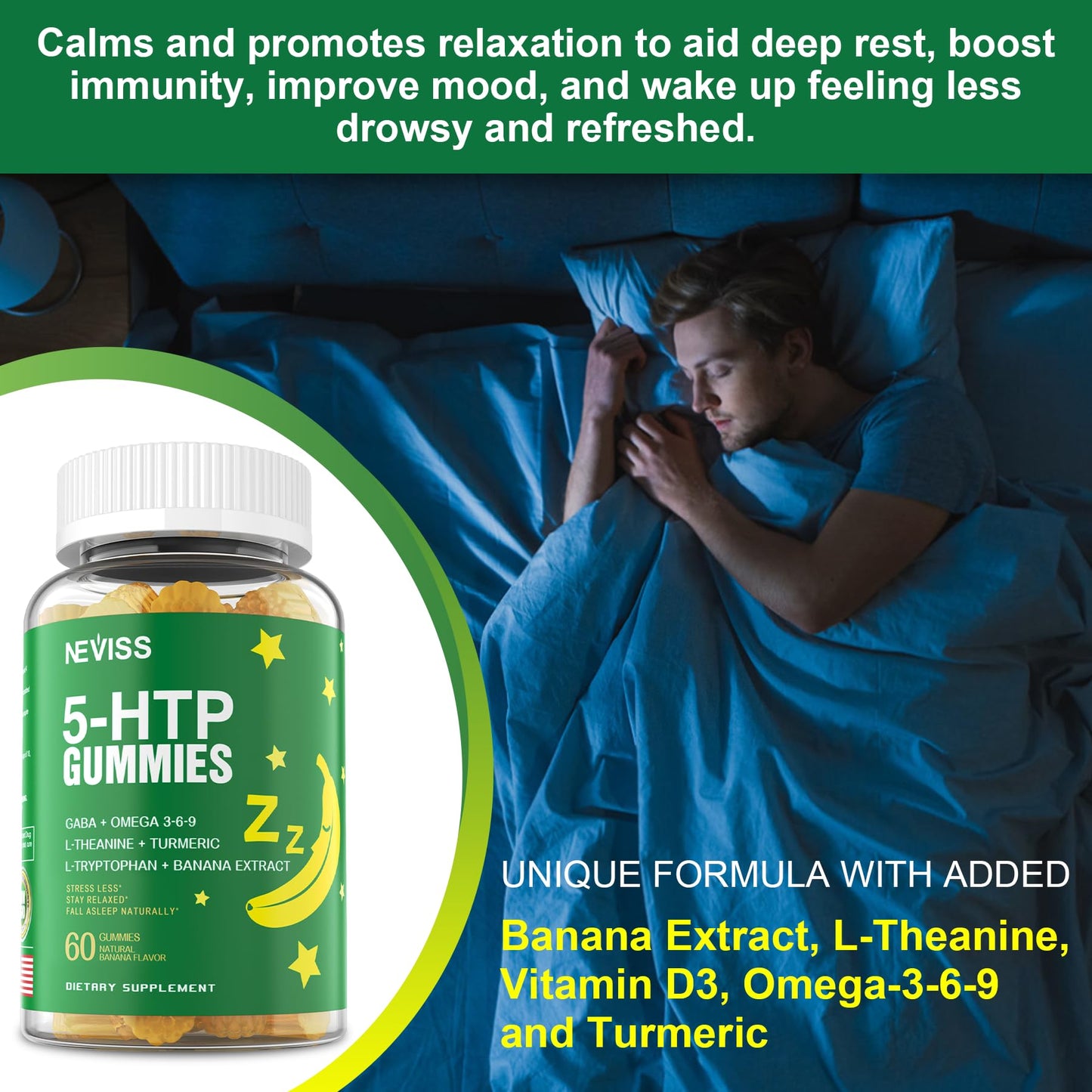 NEVISS 5-HTP 400mg Gummies + GABA - Melatonin-Free Relaxation Gummies with Banana Extract, L-Theanine, Turmeric, L-Tryptophan, D3 for Healthy Rest Cycle, Circadian Rhythm, Brain & Muscle Relax, 120 Gummies