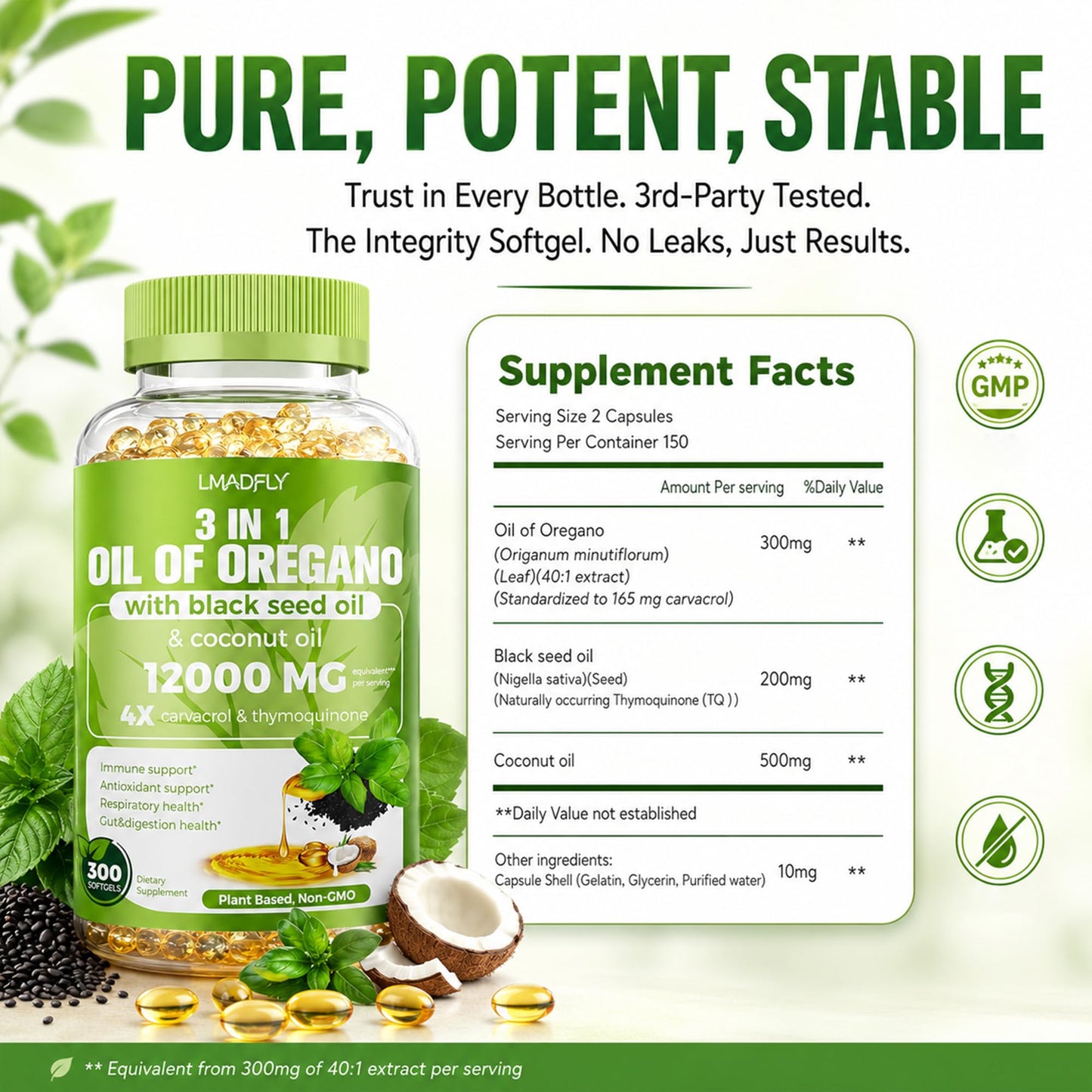 LMADFLY 40:1 Oil of Oregano Softgels with Black Seed Oil & Coconut Oil, 300 Count