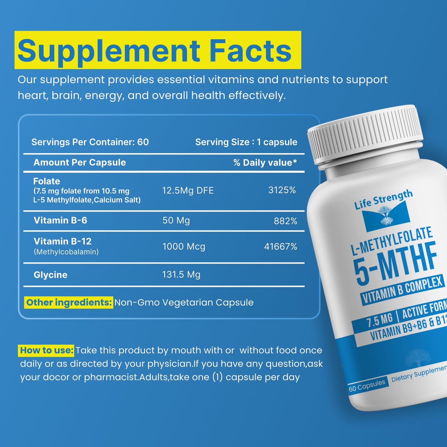 LifeStrength L-Methylfolate 7.5mg + Vitamin B Complex - 5-MTHF, B6 & B12 Methylcobalamin, 60 Capsules