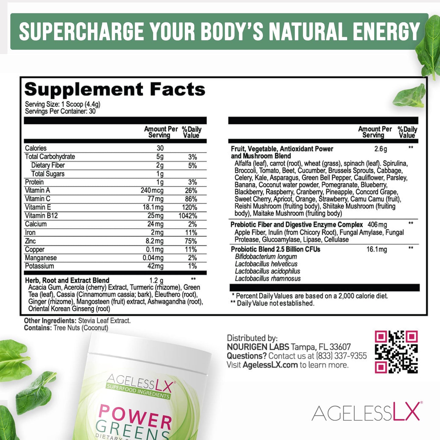 AgelessLX Power Greens Superfood Powder Capsules