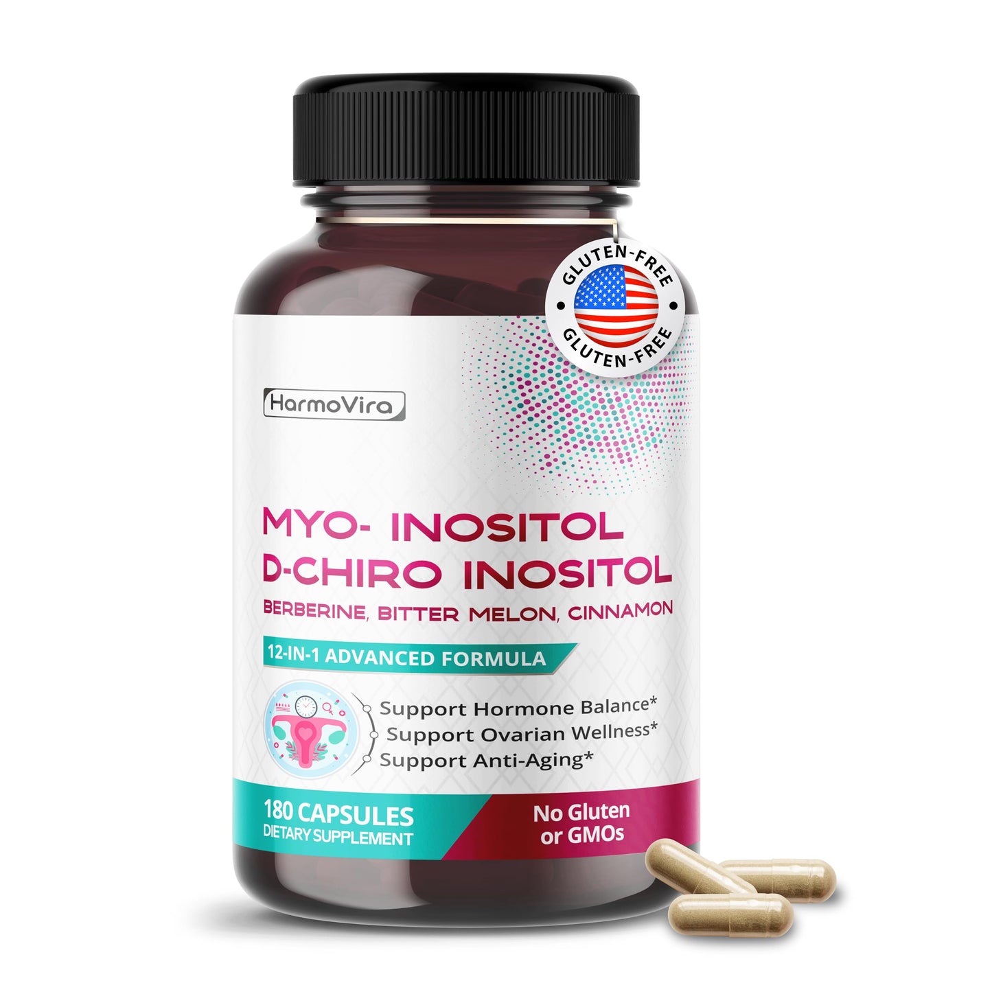 HarmoVira Myo-Inositol + D-Chiro Inositol Supplement – 12-in-1 Formula with Berberine, Cinnamon, Bitter Melon Capsules, 180 Count