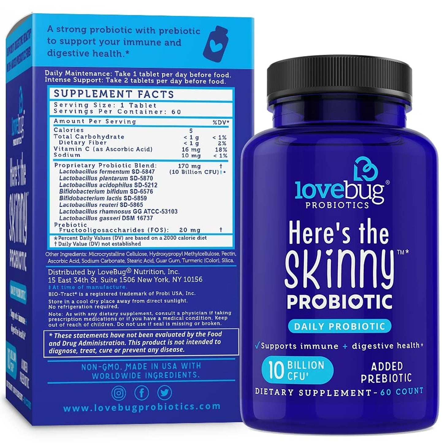 LOVEBUG Here's The Skinny Multi-Strain Probiotics 10 Billion CFU Tablet, 60 Count