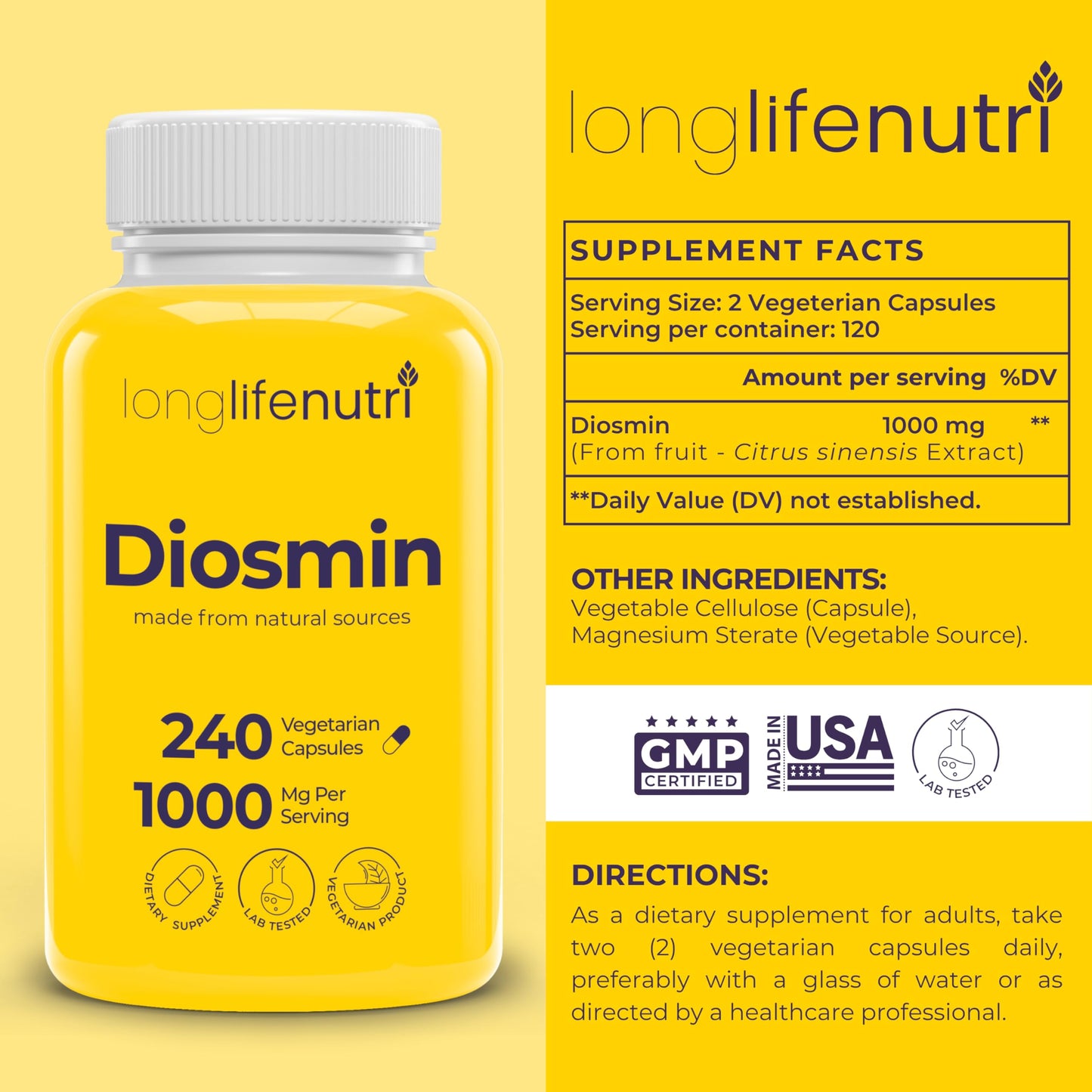 LongLifeNutri Diosmin 1000mg Advanced Formula Capsules, 240