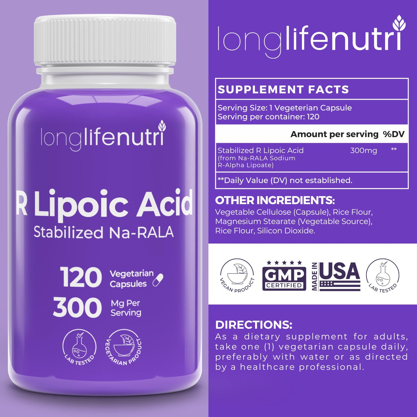 LongLifeNutri Stabilized R-Alpha Lipoic Acid 300mg High Potency Na-RALA Supplement for Cellular Energy & Metabolic Function, 120 Capsules