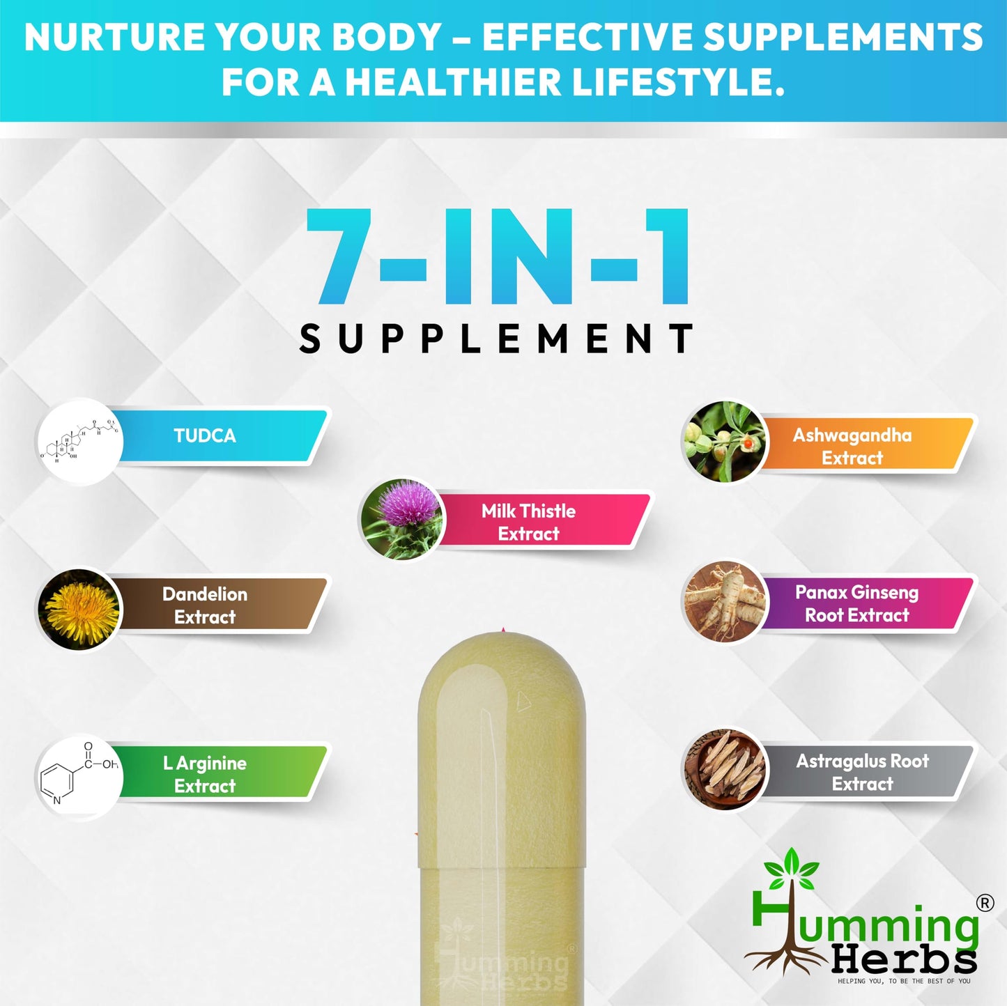 Humming Herbs TUDCA Supplement 7in1 Complex with Milk Thistle, L-Arginine, Ashwagandha, Dandelion, Astragalus Root 120 Capsules