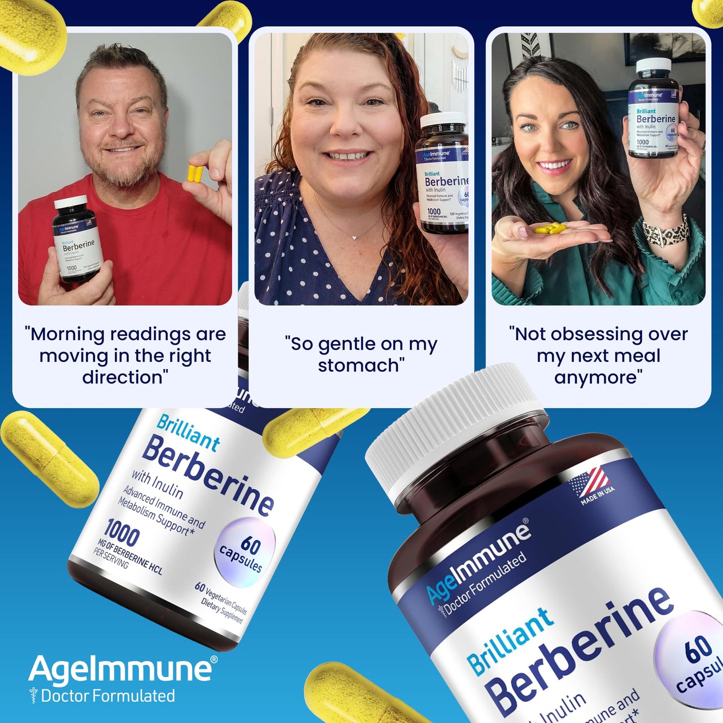 AgeImmune Berberine 1000mg Supplement Complex with Inulin Prebiotic Capsule, 60 Count