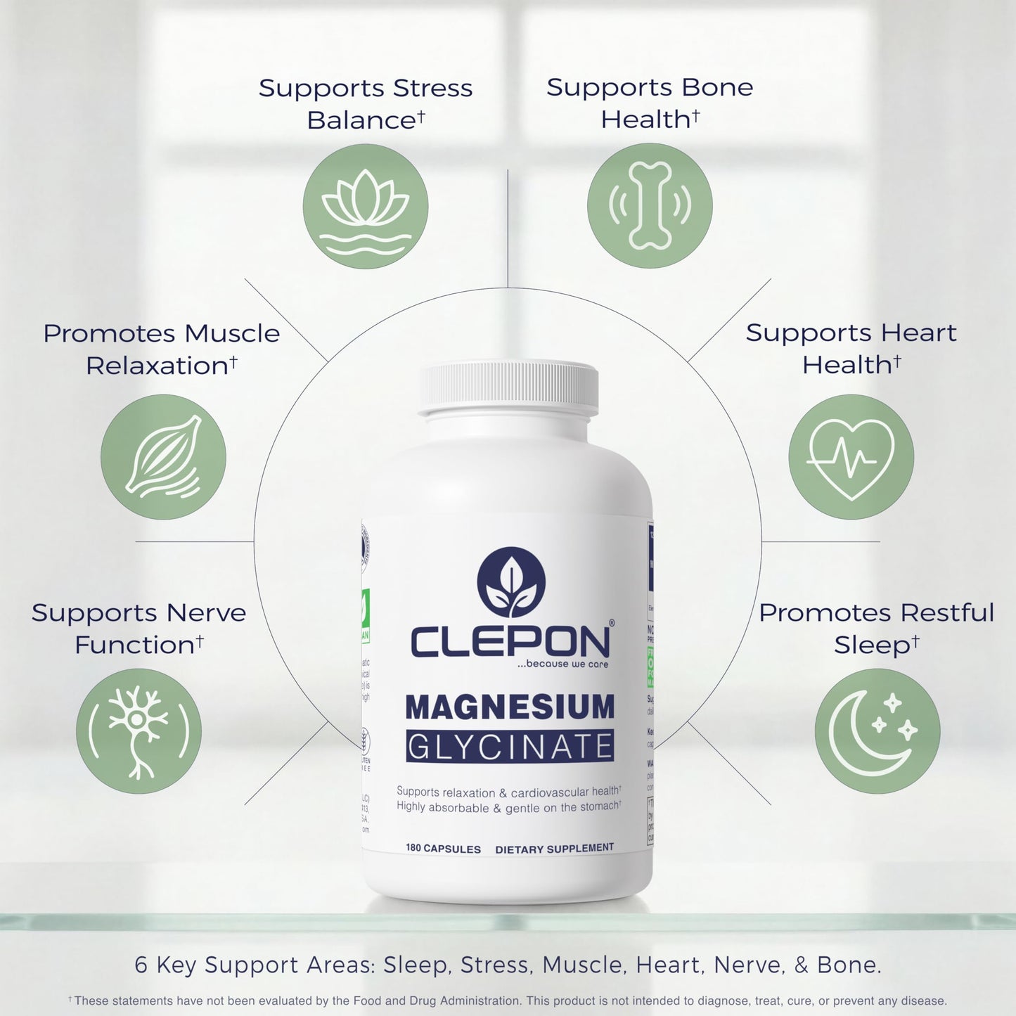 CLEPON Magnesium Glycinate Capsules, 180 Count