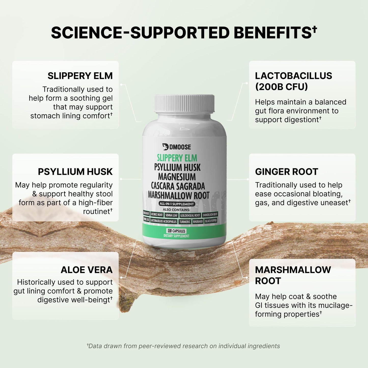 DMoose Fitness Slippery Elm Bark 16 in 1 Digestive Health & Leaky Gut Wellness Complex Capsules, 120 Count
