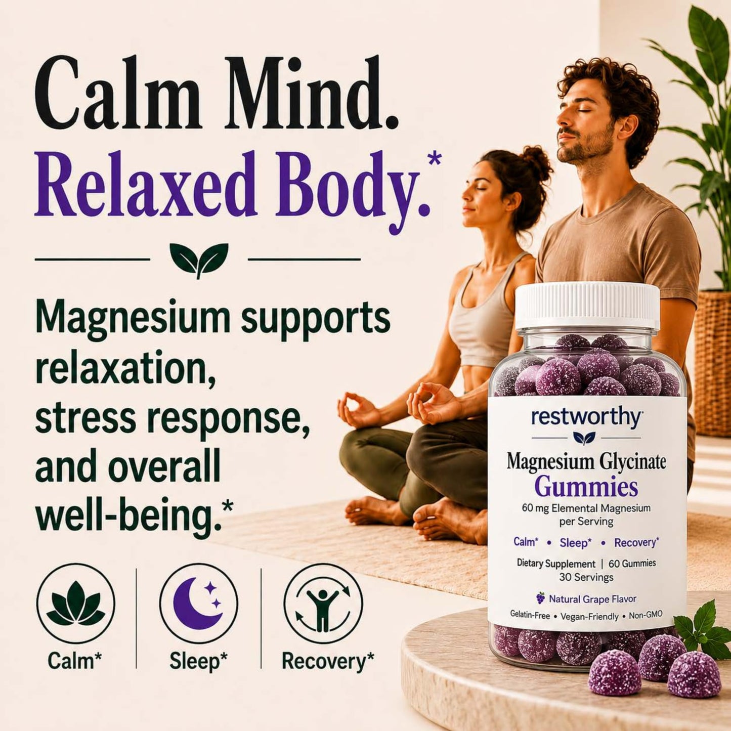 Restworthy Magnesium Glycinate Gummies for Sleep, Relaxation & Calm Support, 60 Gummies