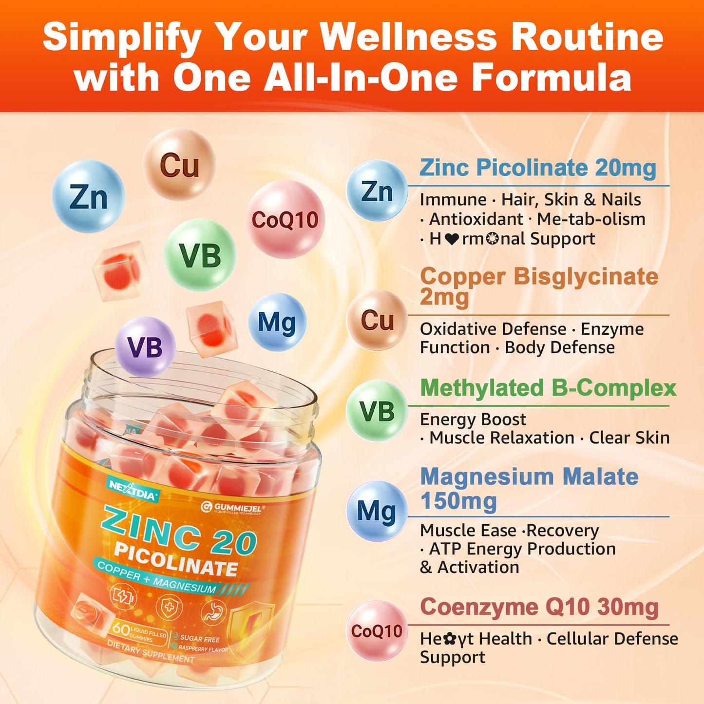 Nextdia Zinc Picolinate Gummies + Copper, Magnesium, Methylated B Complex, CoQ10 for Women and Men, High Absorption Chelated Zinc Copper Bisglycinate Immune Support Gummies, Sugar Free, Vegan, 60 Count
