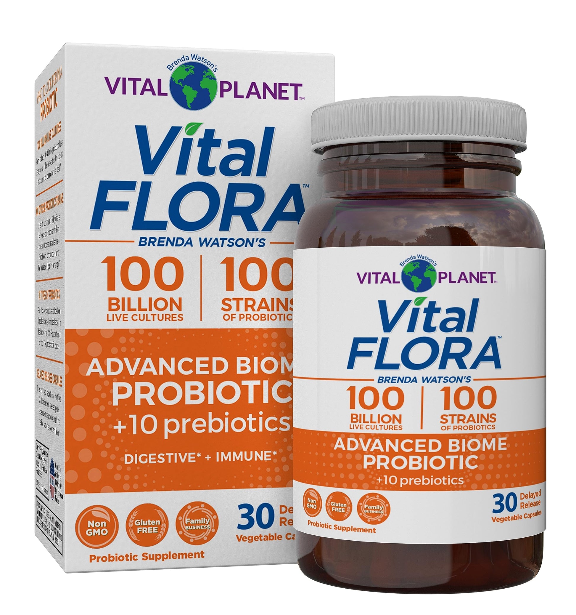 Vital Planet Vital Flora Advanced Biome Probiotic 100 Billion CFU, 100 Strains, 10 Organic Prebiotics, Immune Support, Colon and Digestive Health Probiotics for Women and Men, Capsule, 30 Count