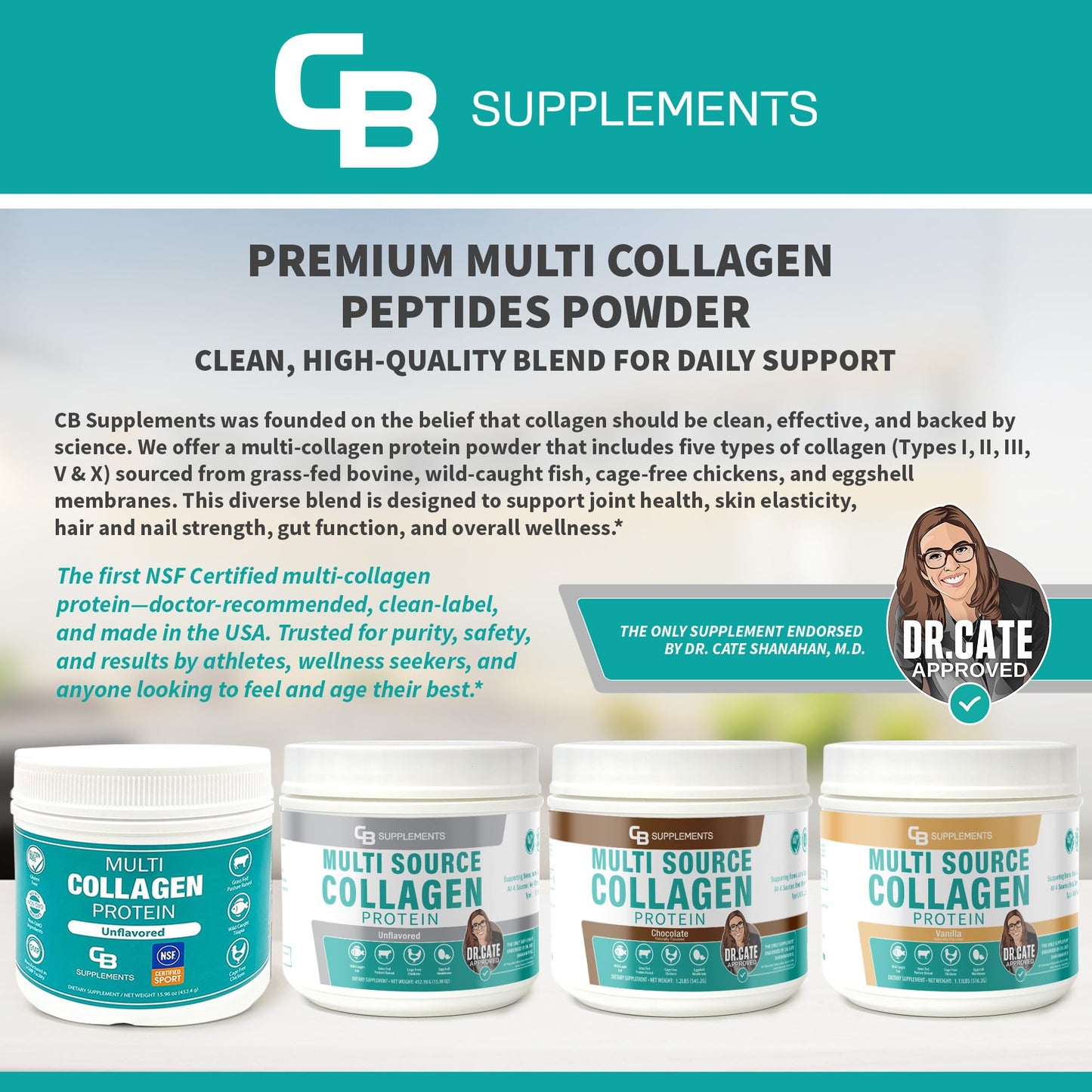 CB Supplements Multi Collagen Protein Powder, Vanilla Flavored, 58 Servings