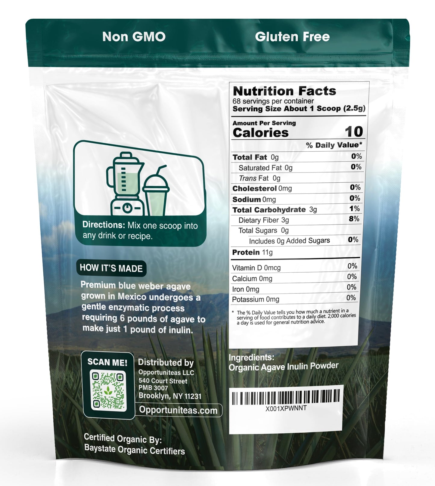 Opportuniteas Organic Agave Inulin Powder, 6 Ounce