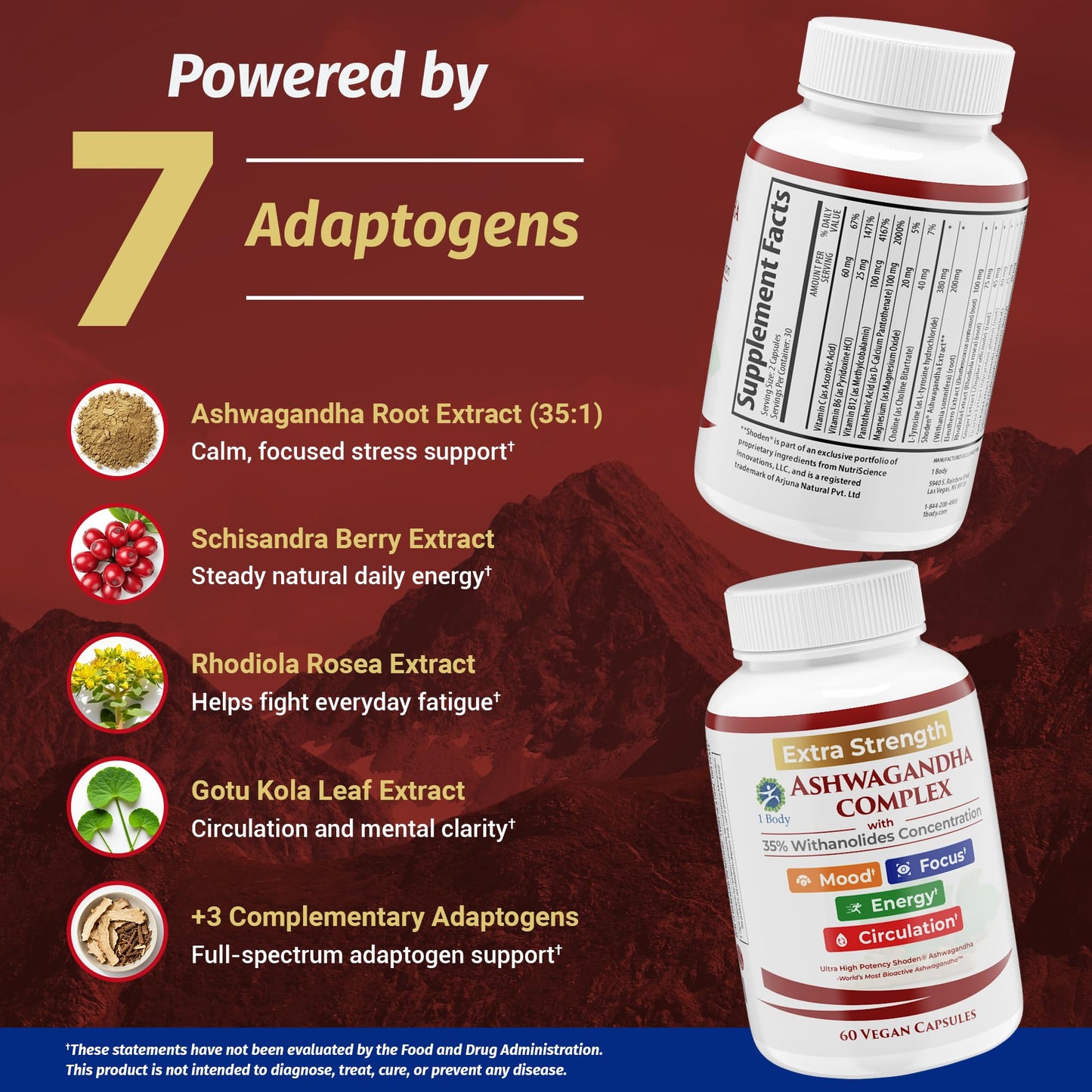 1 Body Adrenal Support Supplement – Ashwagandha Adrenal Complex for Stress, Energy & Mood – Adaptogens with Rhodiola, Eleuthero & B Vitamins – Adrenal Fatigue Support, 60 Capsules
