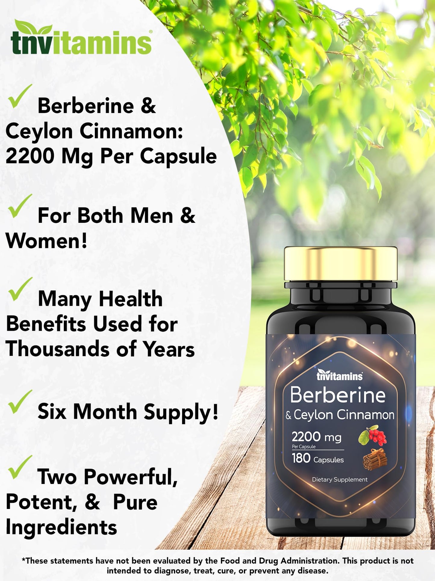 tnvitamins Berberine with Ceylon Cinnamon: 2200 mg Per Capsule, 180 Capsules