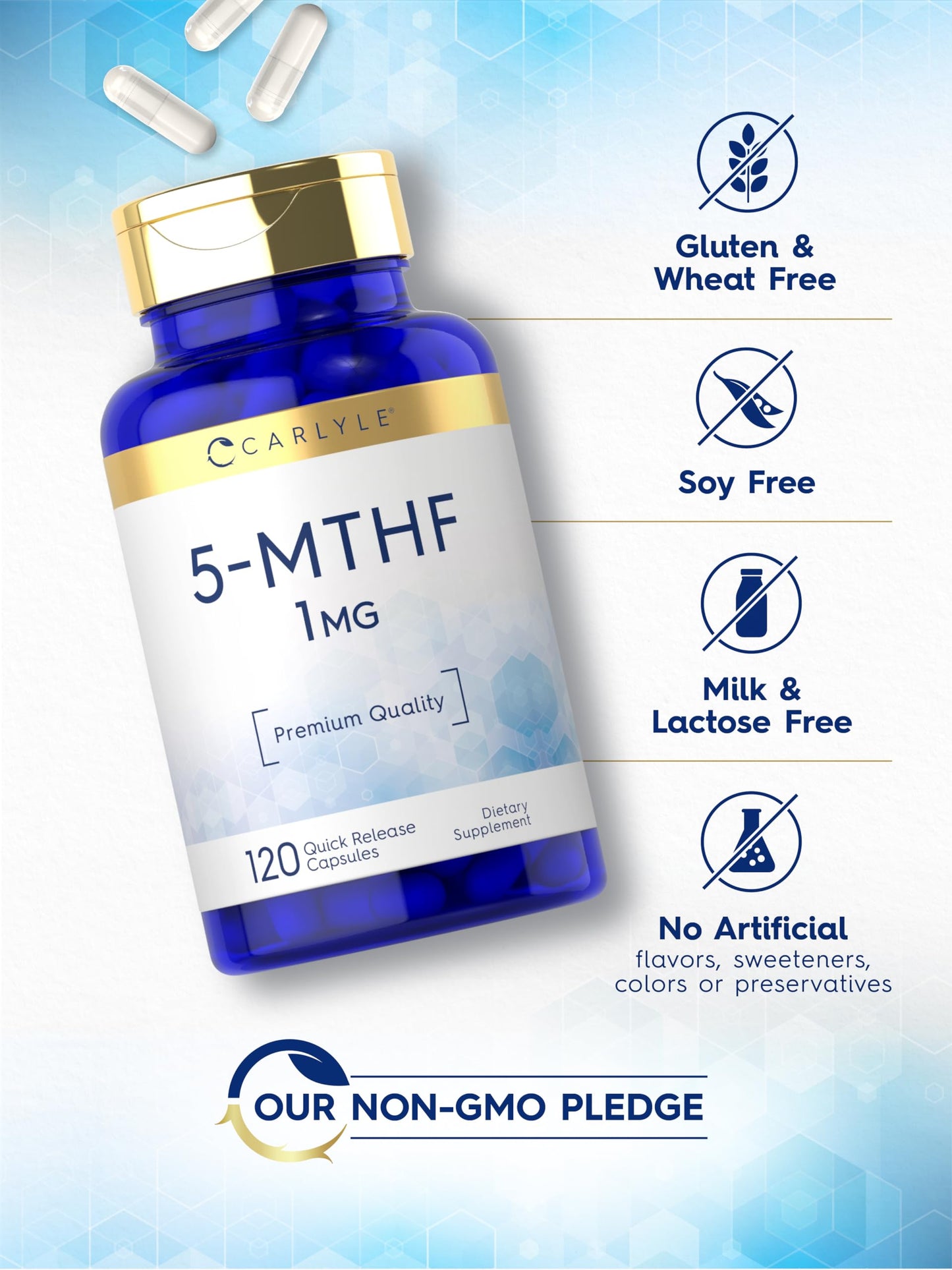 Carlyle 5-MTHF L Methylfolate 1mg Capsules, 120 Count, Non-GMO & Gluten Free