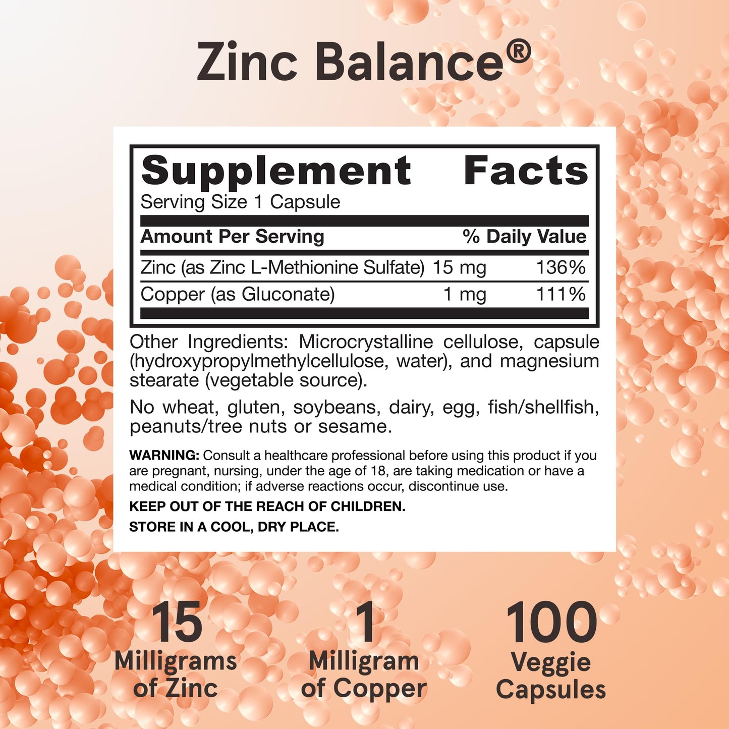 Jarrow Formulas Zinc Balance 15 mg Zinc with Copper, 100 Capsules