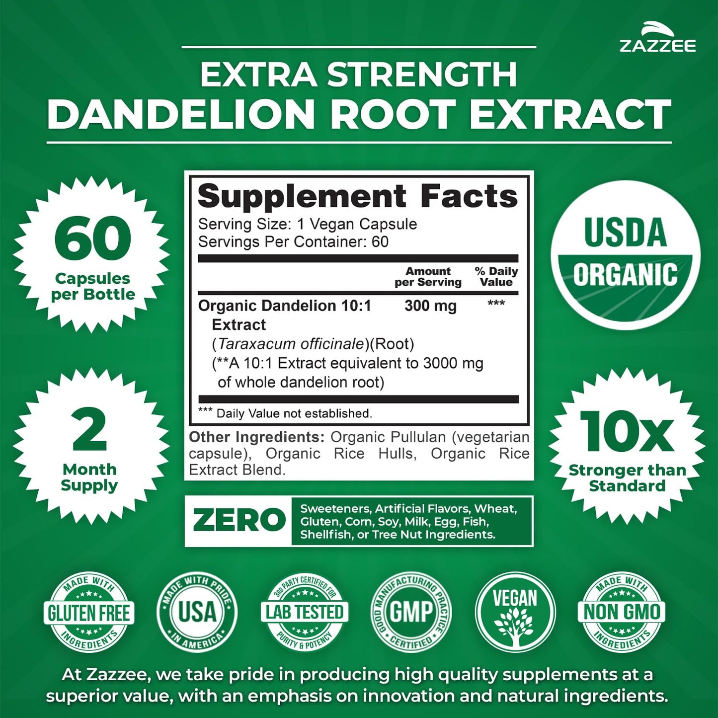 Zazzee Dandelion Root 10:1 Extract Capsules, 60 Count