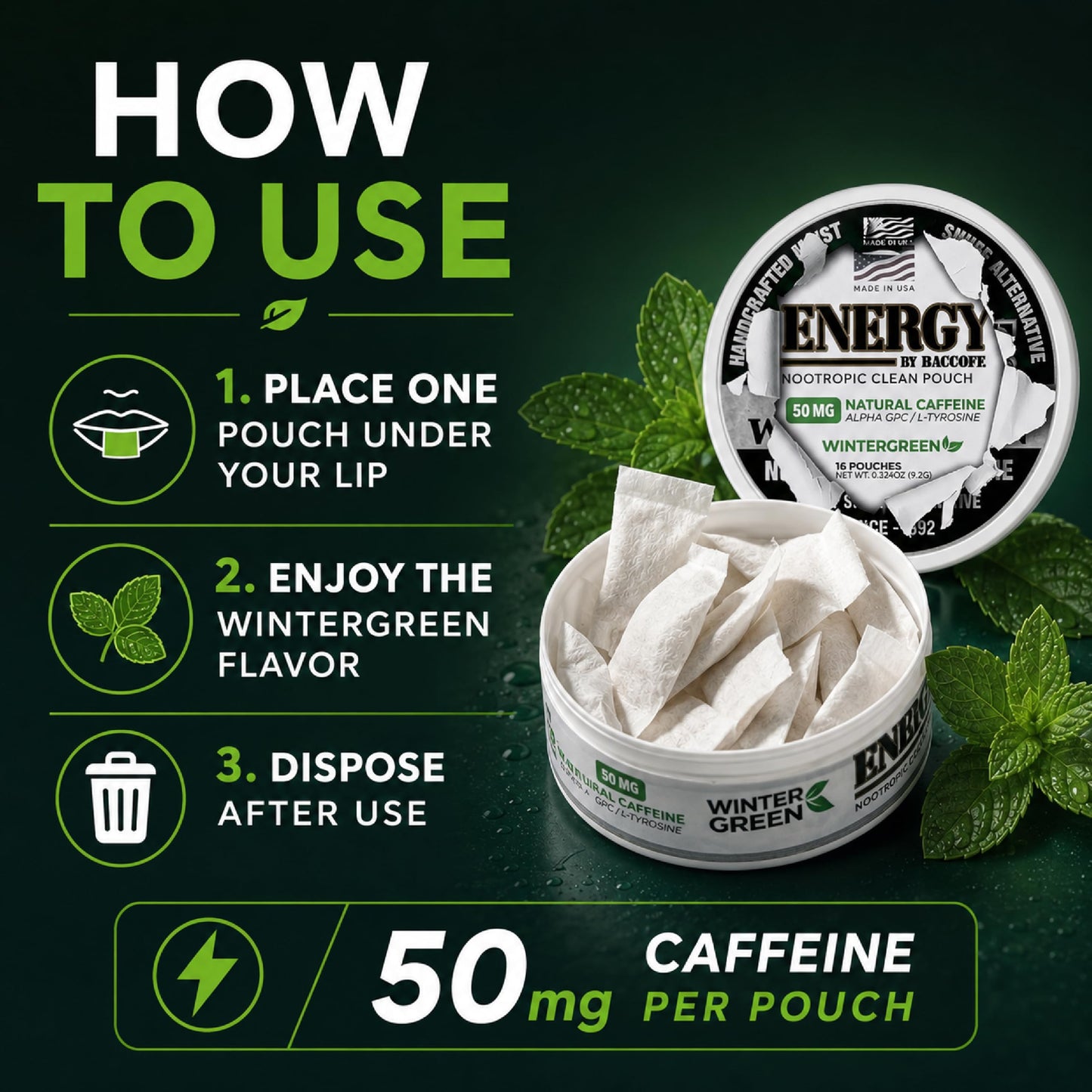 BACC OFF Energy Wintergreen Nootropic Capsules, 80 Count