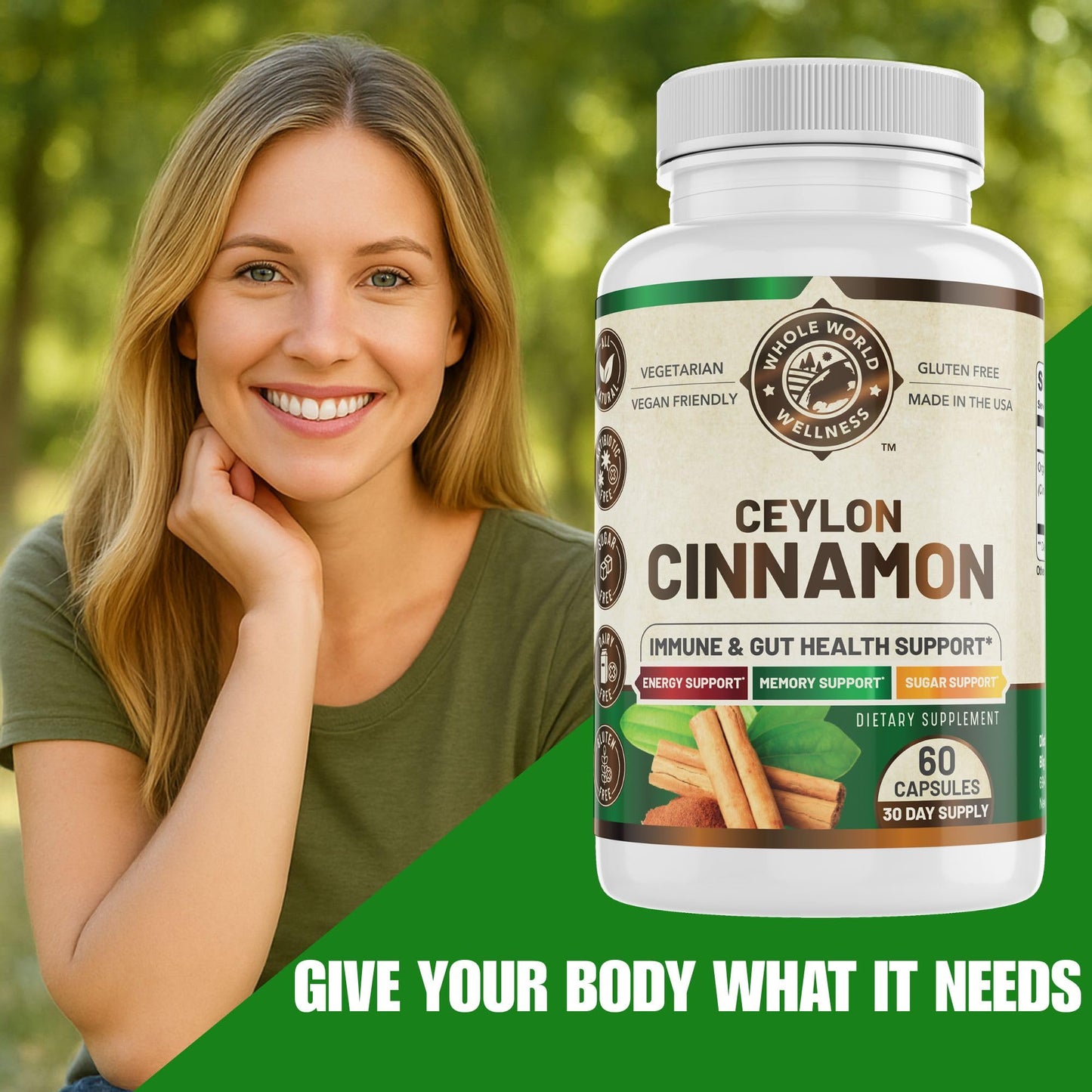 WHOLE WORLD WELLNESS Organic Ceylon Cinnamon for Men & Women - Capsules, 60 Count