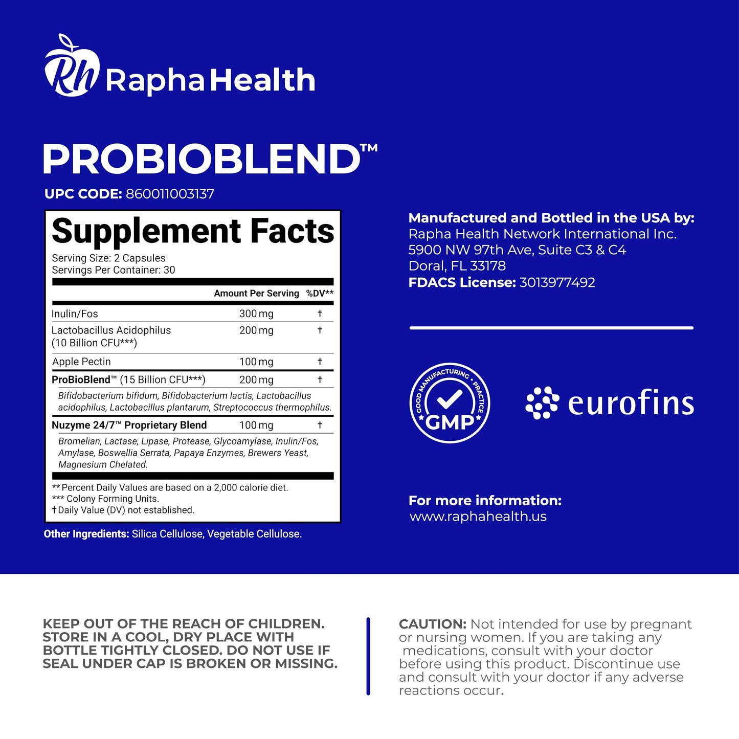 RAPHA HEALTH PROBIOBLEND 25 Billion CFU Probiotic & Digestive Enzyme Complex 60 Capsules