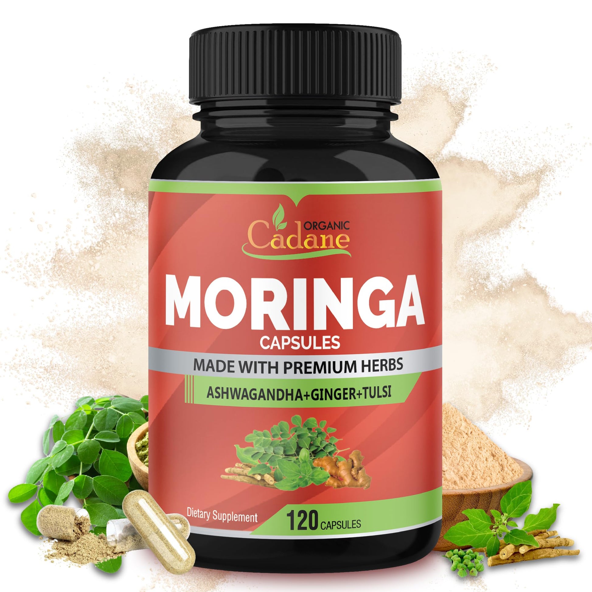 Organic Cadane Moringa Powder Capsules 4in1 with Ashwagandha, Ginger, Holy Basil Tulsi Immune Support Oleifera Leaf Powder Herb Supplements 120 Capsules