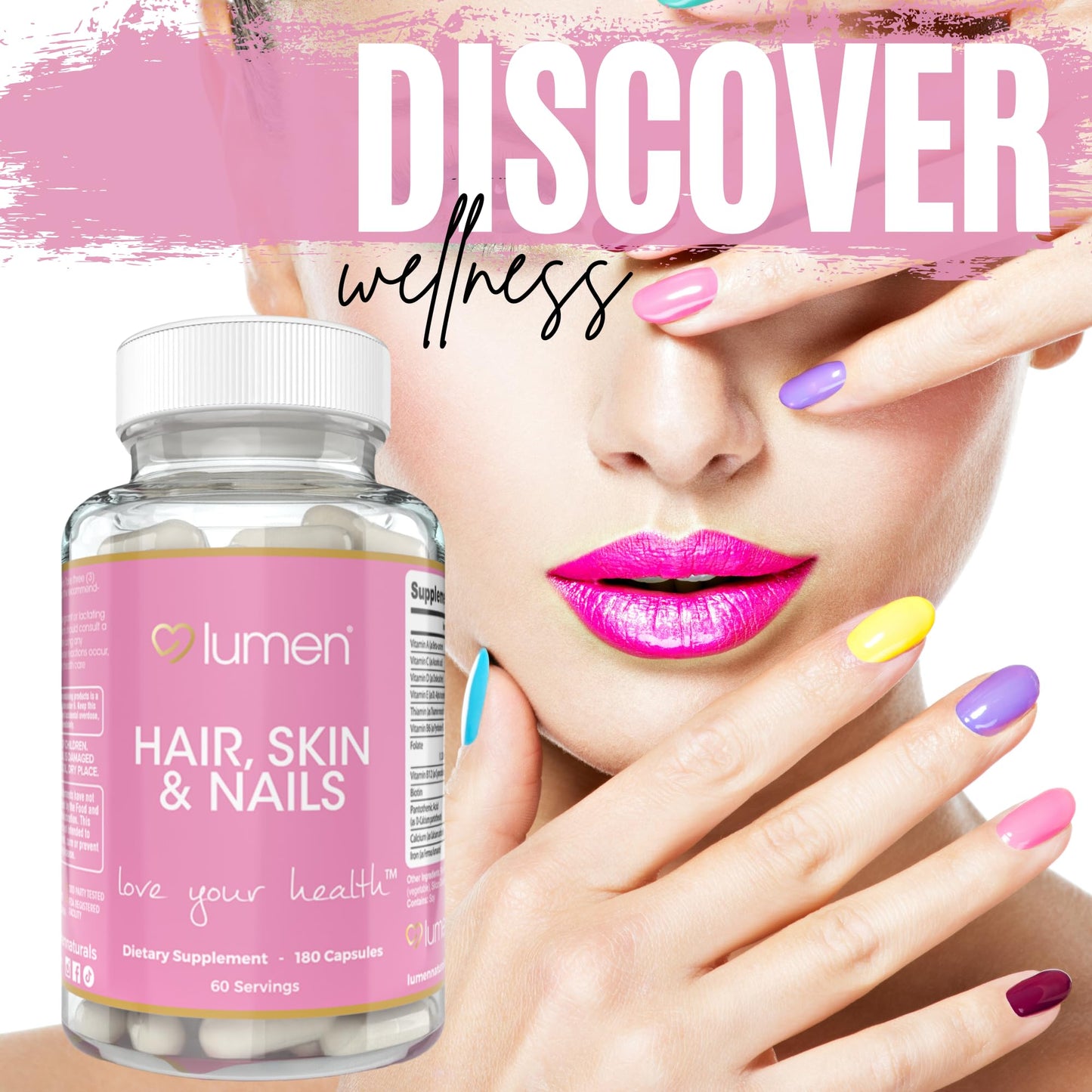 Lumen Naturals Hair, Skin & Nails for Women with Biotin, Folate, Vitamins B6, B12, A, C, D & E 180 Capsules