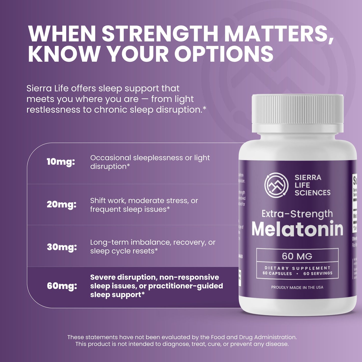 SIERRA LIFE SCIENCES Melatonin 60 mg Capsule, Extra Strength Sleep Support, Vegan Non-GMO, Made in USA, 120 Capsules