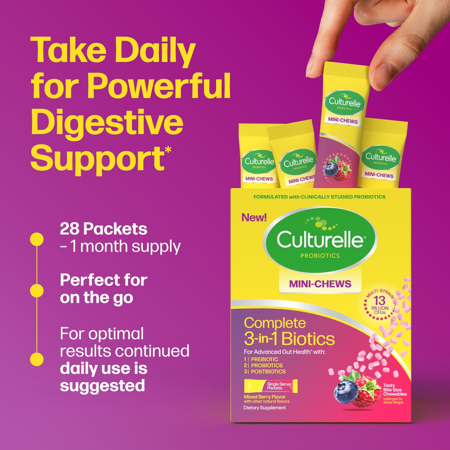 Culturelle Complete 3-in-1 Biotics Mini-Chews Daily Probiotic for Digestive Health with Prebiotics and Postbiotics for Gut Balance, Mixed Berry Flavor Chewable 28 Count