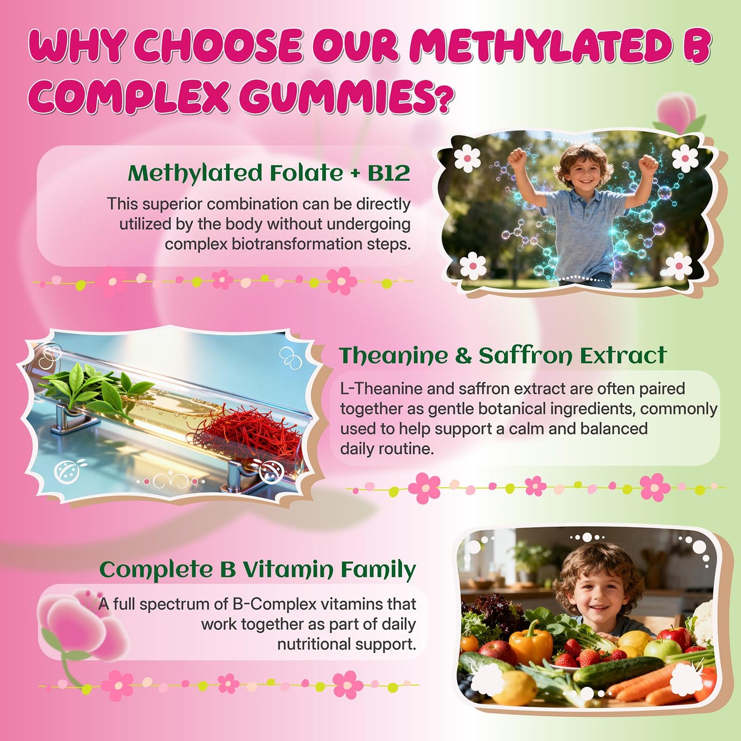Geeoasis L-methylfolate for Kids Gummies, Methylated B Complex Chewable Supplement for Women, with Methylated B12, Zinc Citrate, Vitamin C, Choline, Theanine & Saffron, Energy, Stress, 5-MTHFR, 60 Count