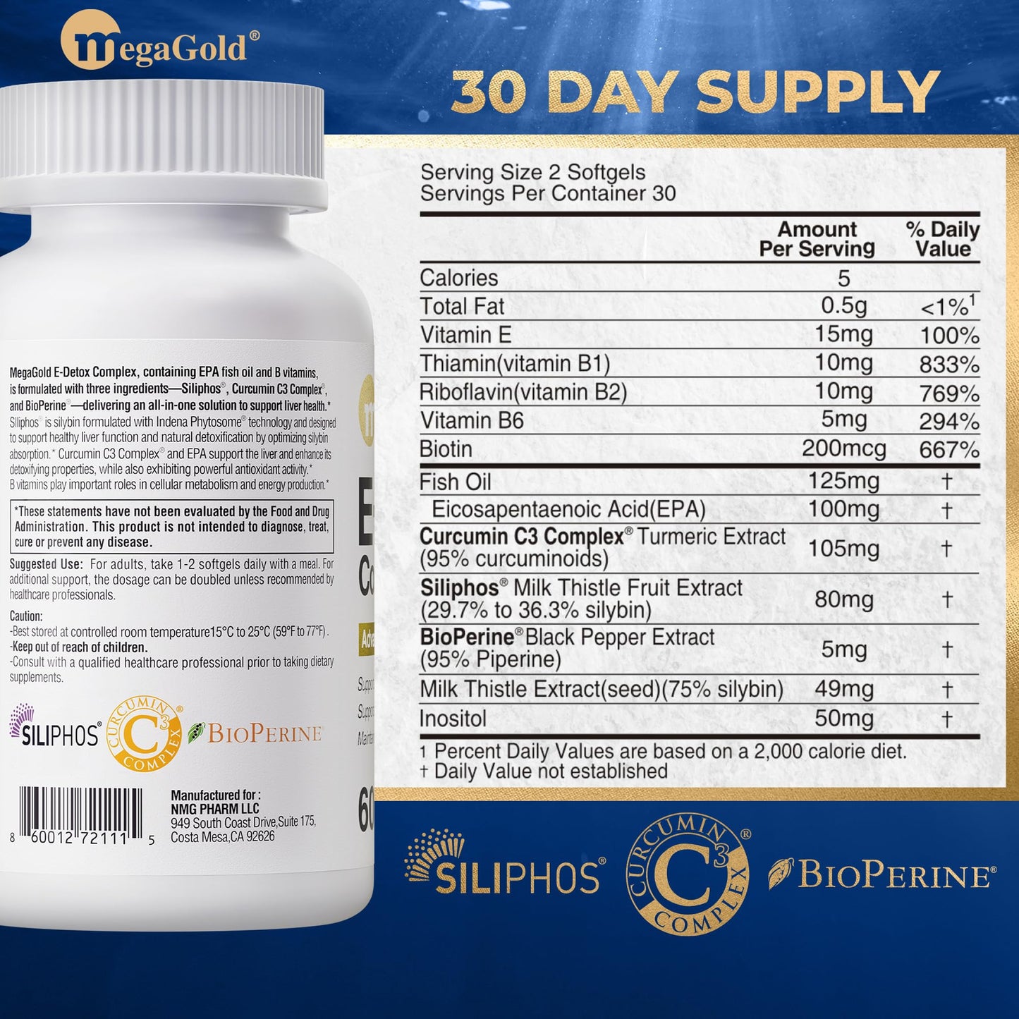 MegaGold Liver Support Complex Milk Thistle Curcumin BioPerine Softgel, 60 Softgels