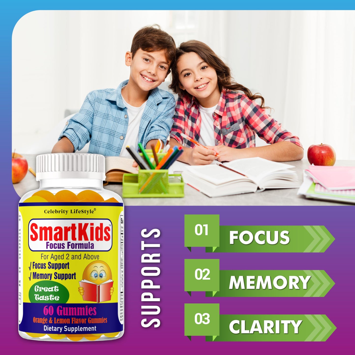 Celebrity LifeStyle Product Smart Kids Focus Gummies with Omega-3-6-9 DHA, Orange Flavor, 60 Gummies