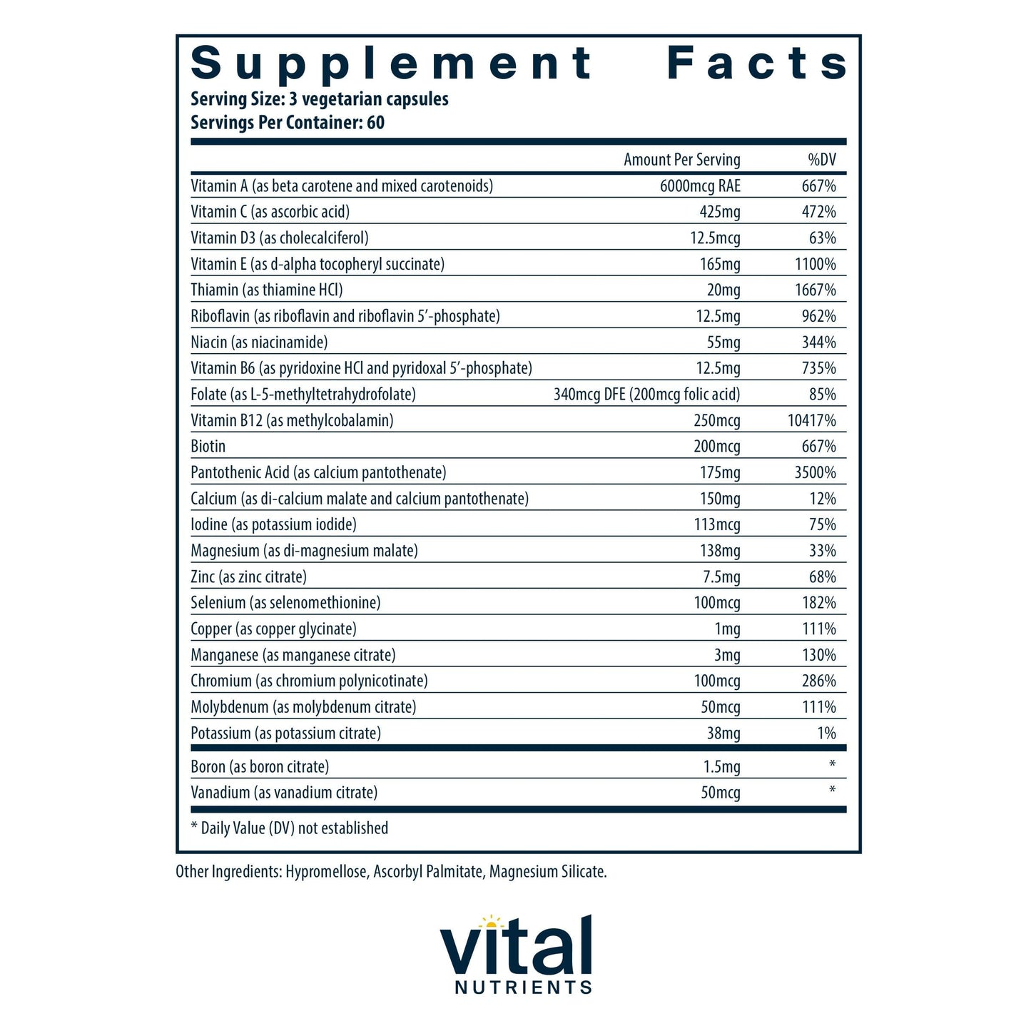 Vital Nutrients Multi-Nutrients 3-Vegetarian Multivitamin-Citrate/Malate Formula-Without Copper or Iron- Multi Vitamin, Mineral, & Antioxidant Supplement- Gluten, Dairy, Soy Free-Non-GMO Capsules 180