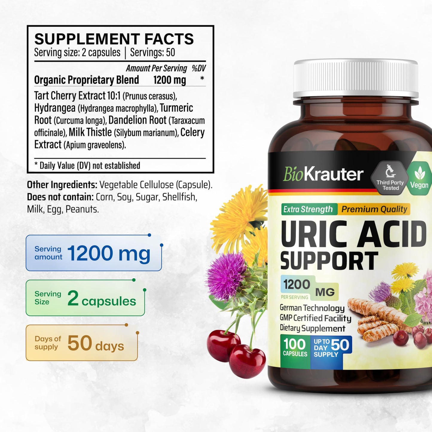 BIO KRAUTER 7-in-1 Uric Acid Support Supplement with Tart Cherry, Dandelion Root, Cranberry & Celery Seed – Herbal Kidney Support with Milk Thistle & Turmeric 1200 mg, 100 Capsules