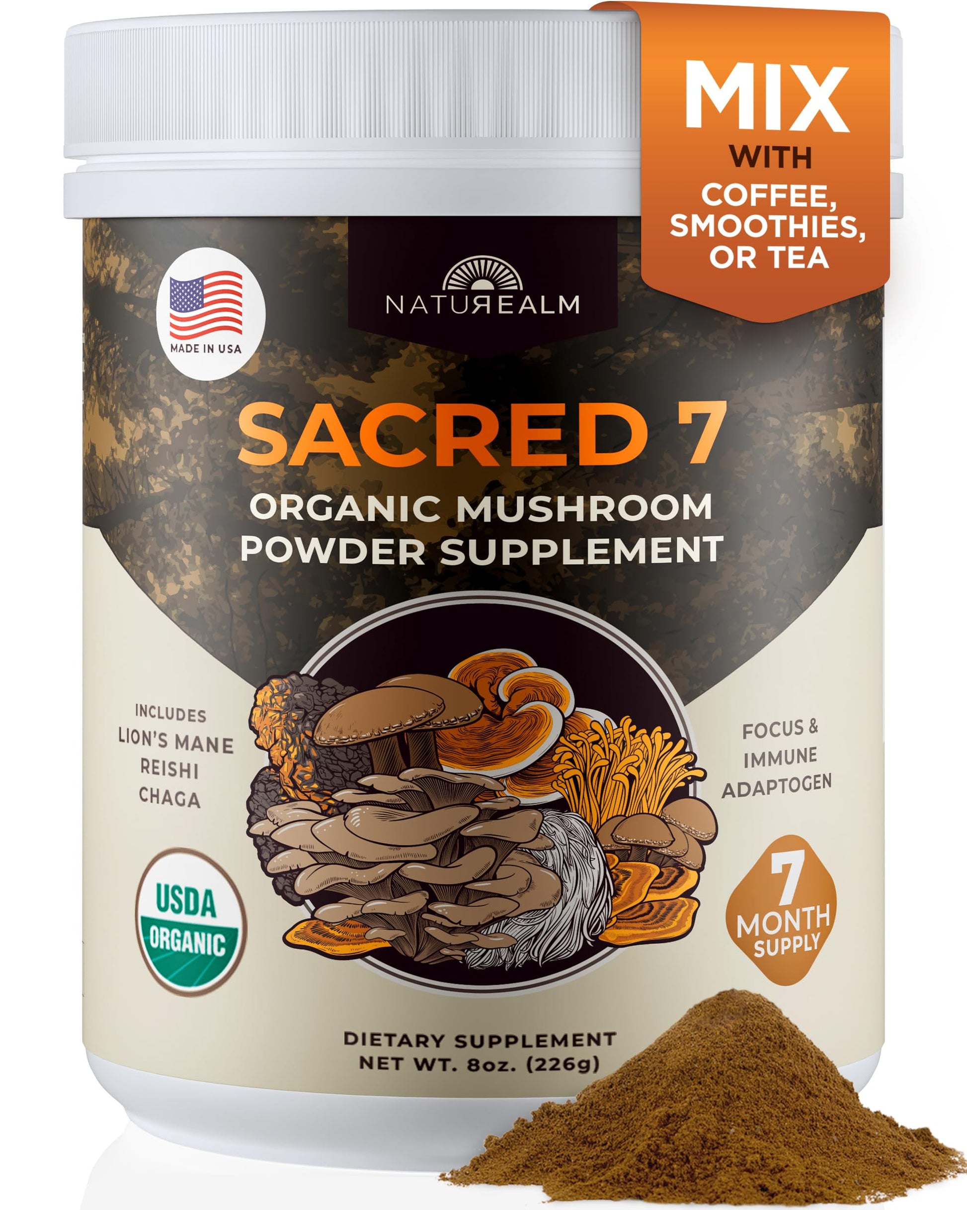 Naturealm Sacred 7 Organic Mushroom Powder Blend, Powder, 8 Ounce