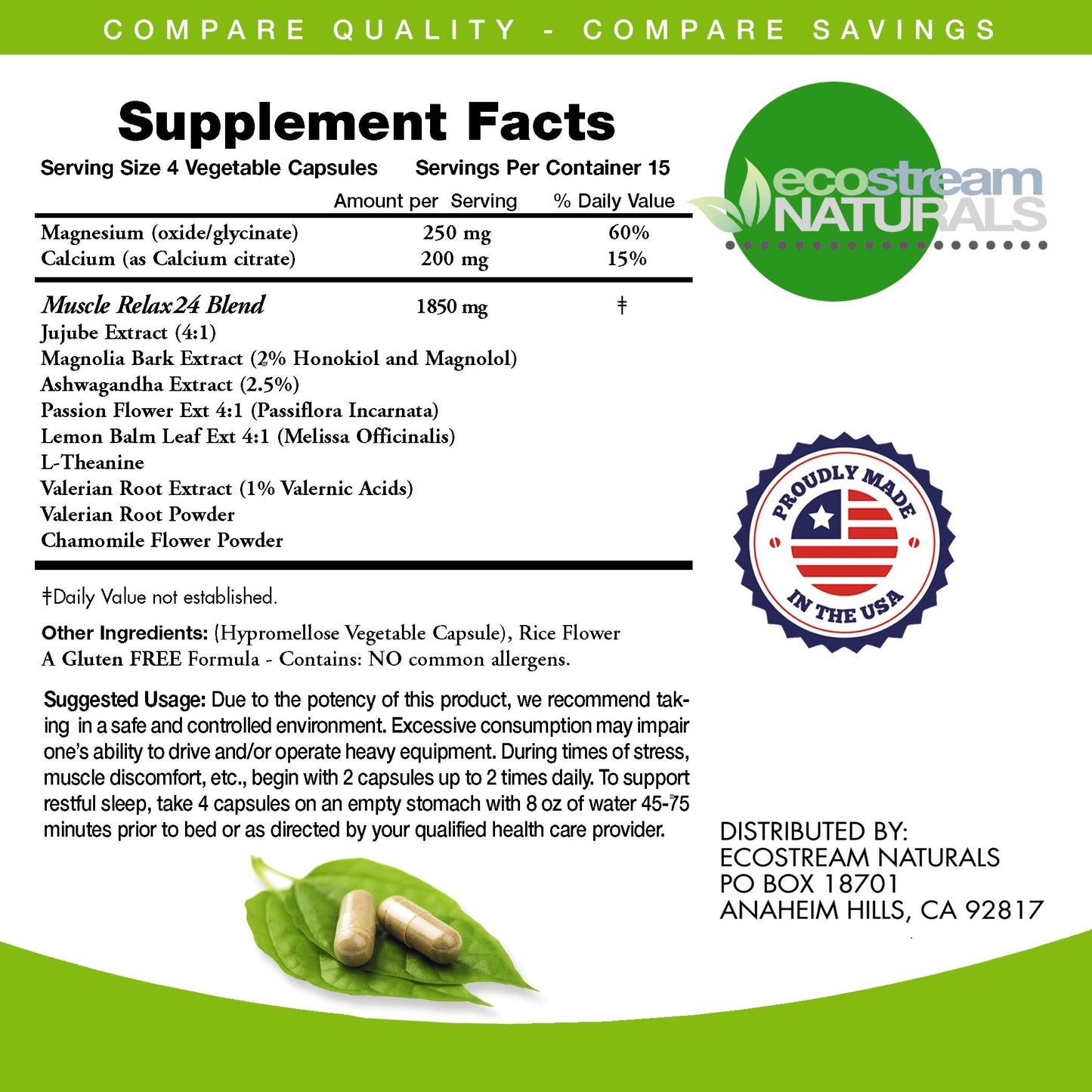 ecostream Naturals All Natural Relaxant Muscle Relax 24/7 Capsules 180 Count