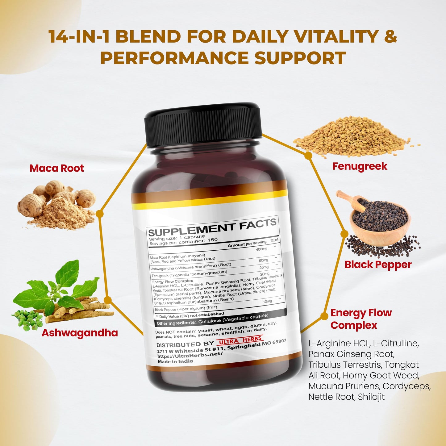 ULTRA HERBS Peruana Maca Root Black, Red, Yellow Capsules, 150 Count