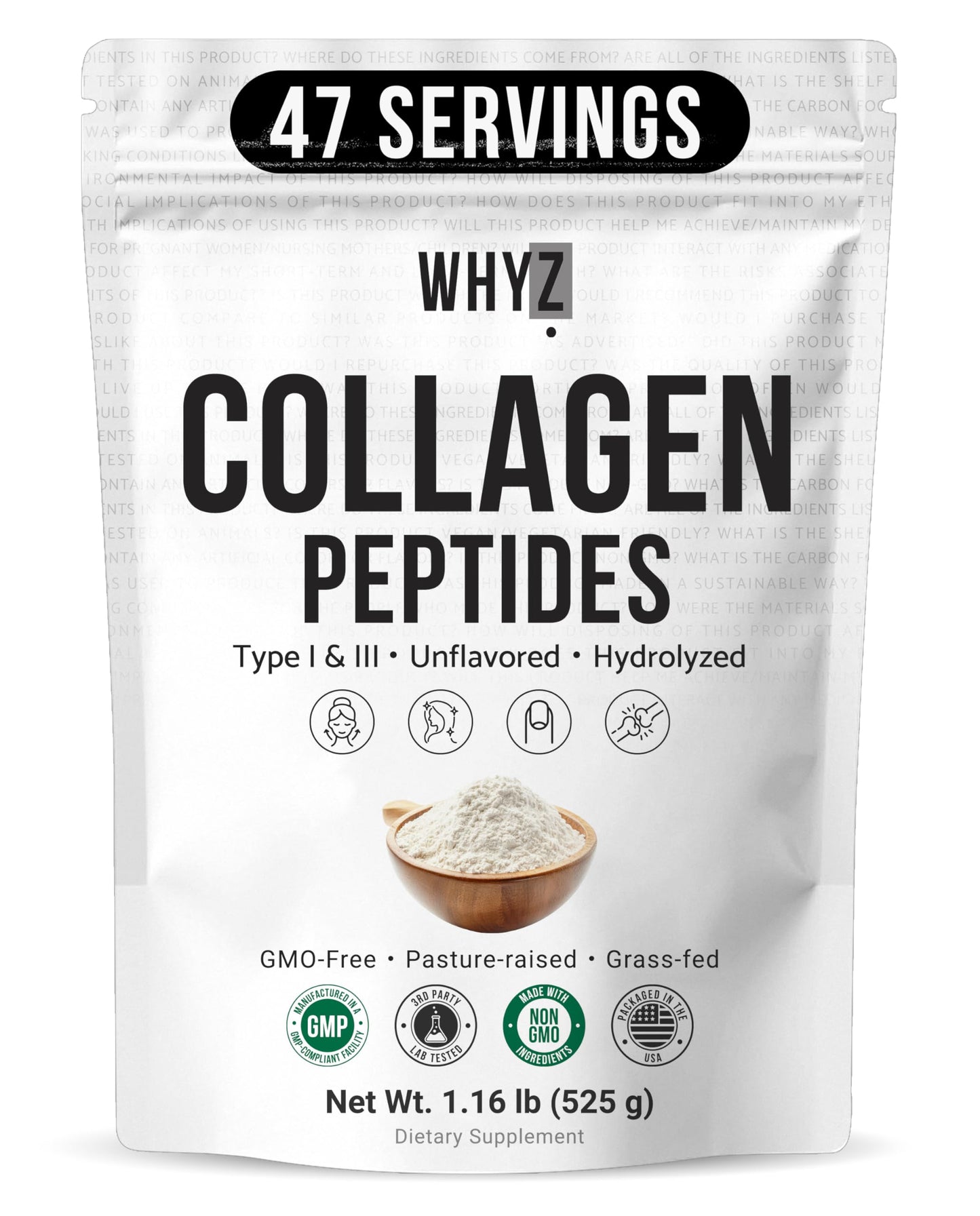 WHYZ Bovine Collagen Peptides Powder Hydrolyzed Type I & III, 19.2 oz