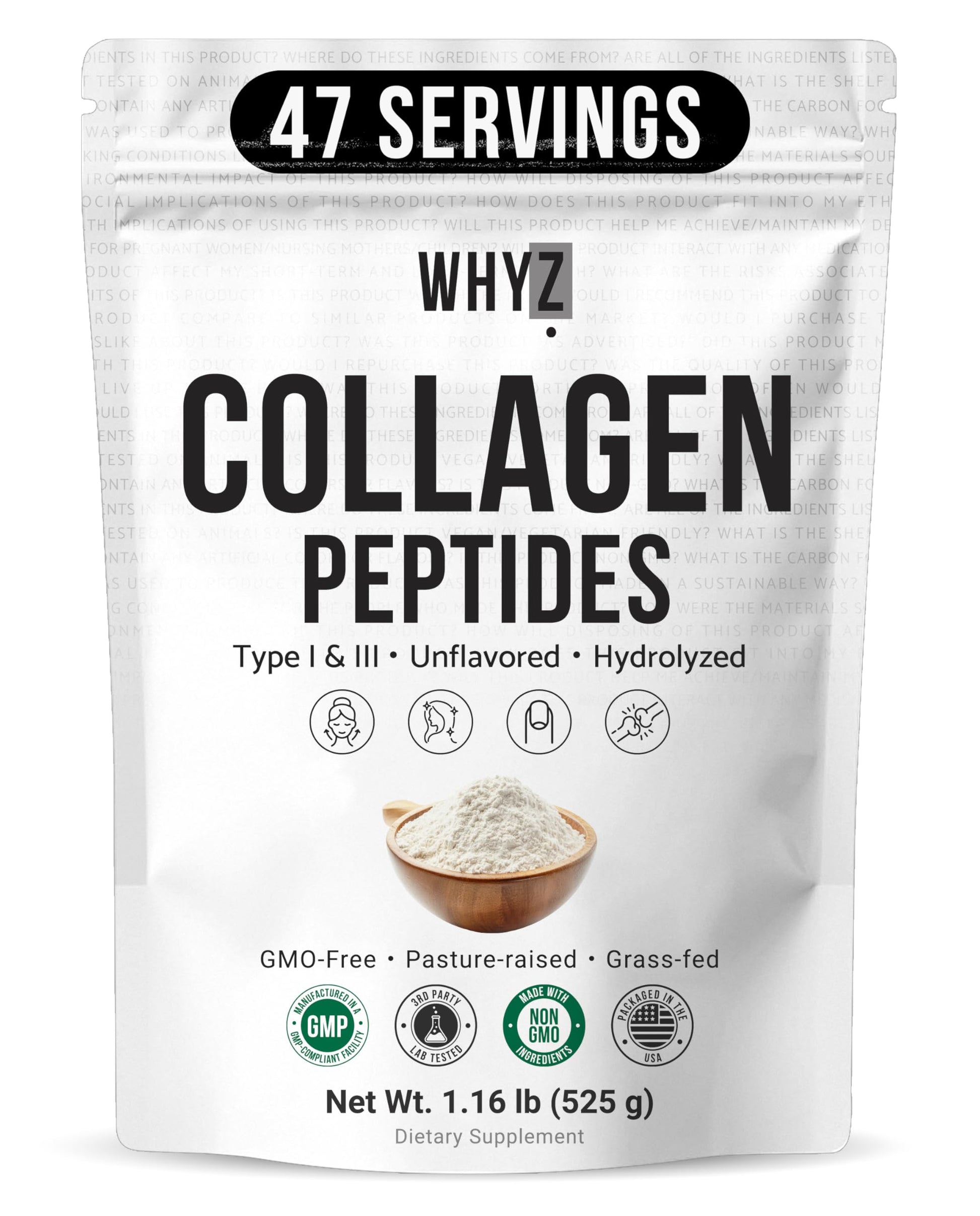 WHYZ Bovine Collagen Peptides Powder Hydrolyzed Type I & III, 19.2 oz