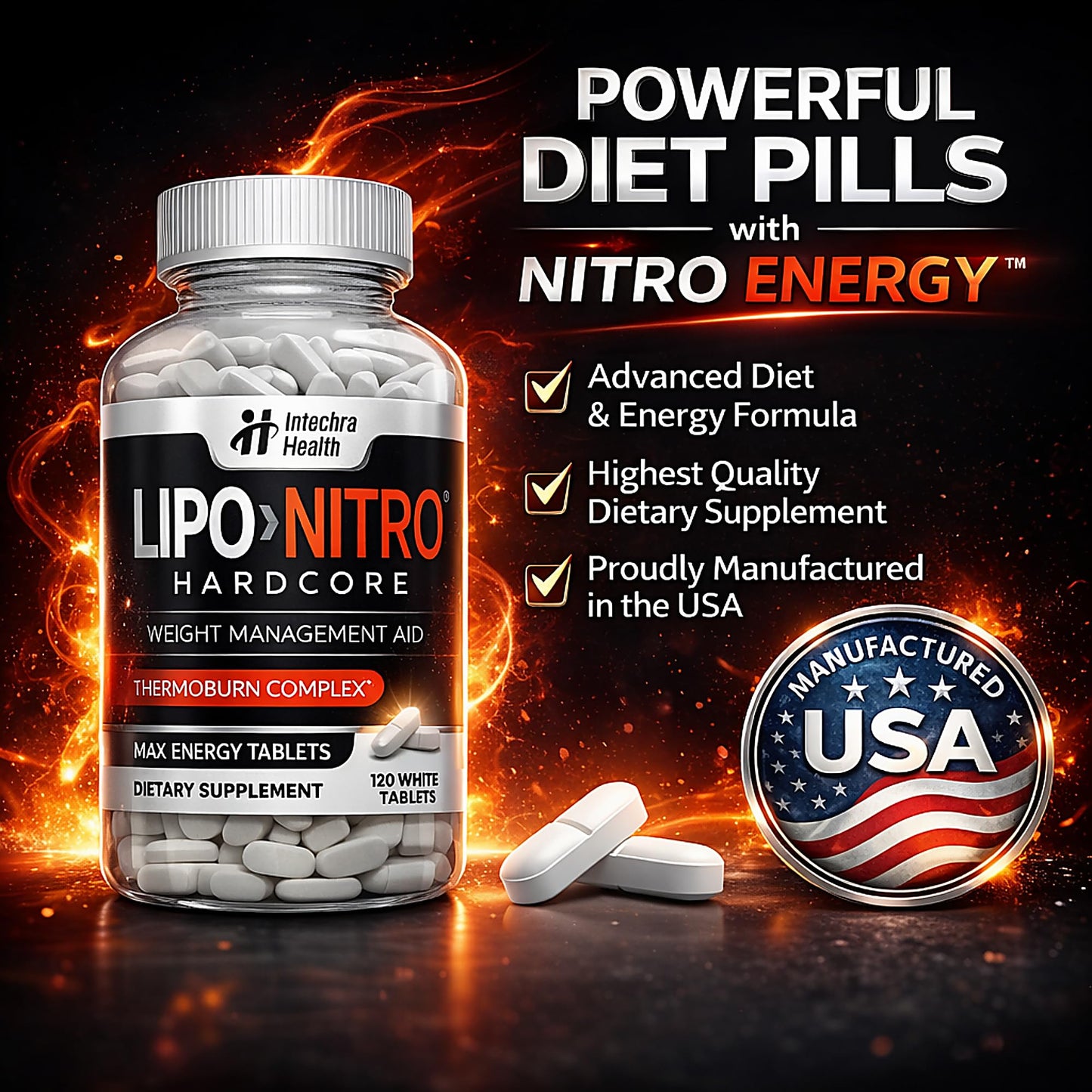 LipoNitro Thermo-Burn Diet Pills with Nitro Energy Dietary Supplement, 120 Tablets